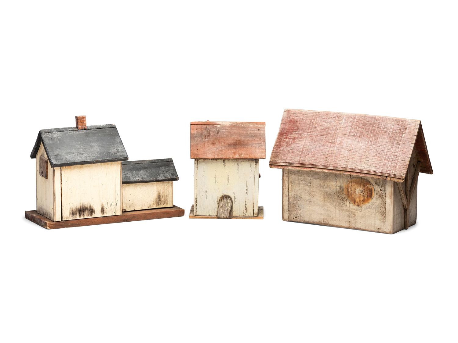 Three Paint Decorated Wood Birdhouses, Including an Artist Signed Example