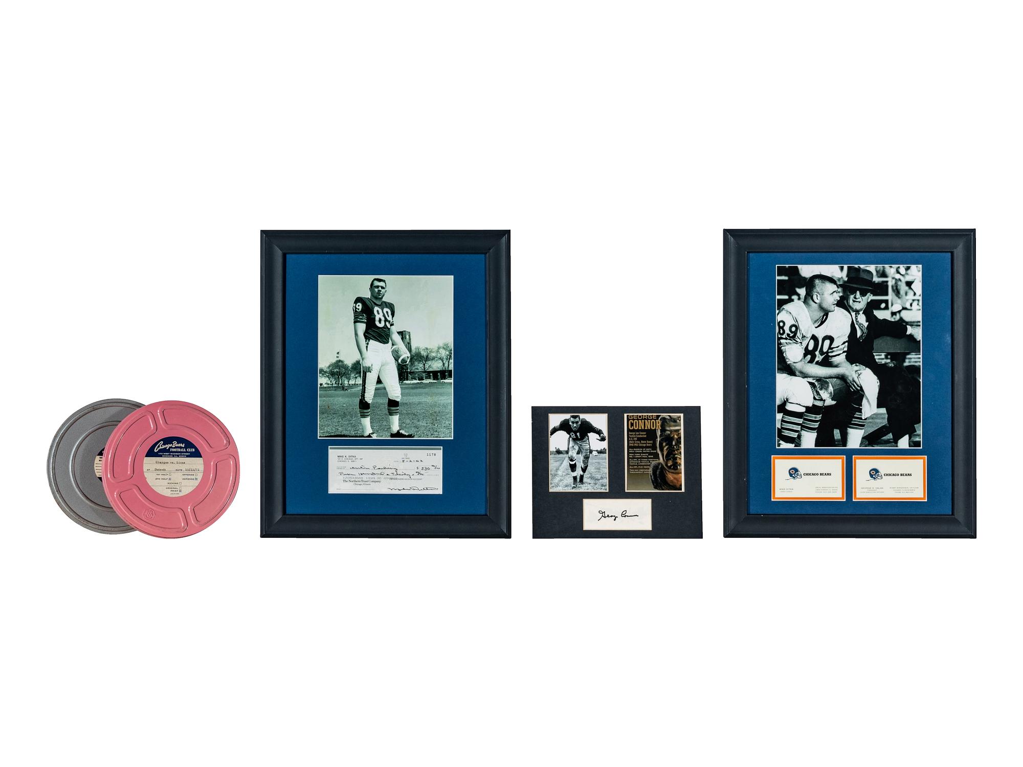 A Unique Chicago Bears Collection Featuring a George Halas and Mike Ditka Business Card Display and Original 1970s Bears Game Film Canisters