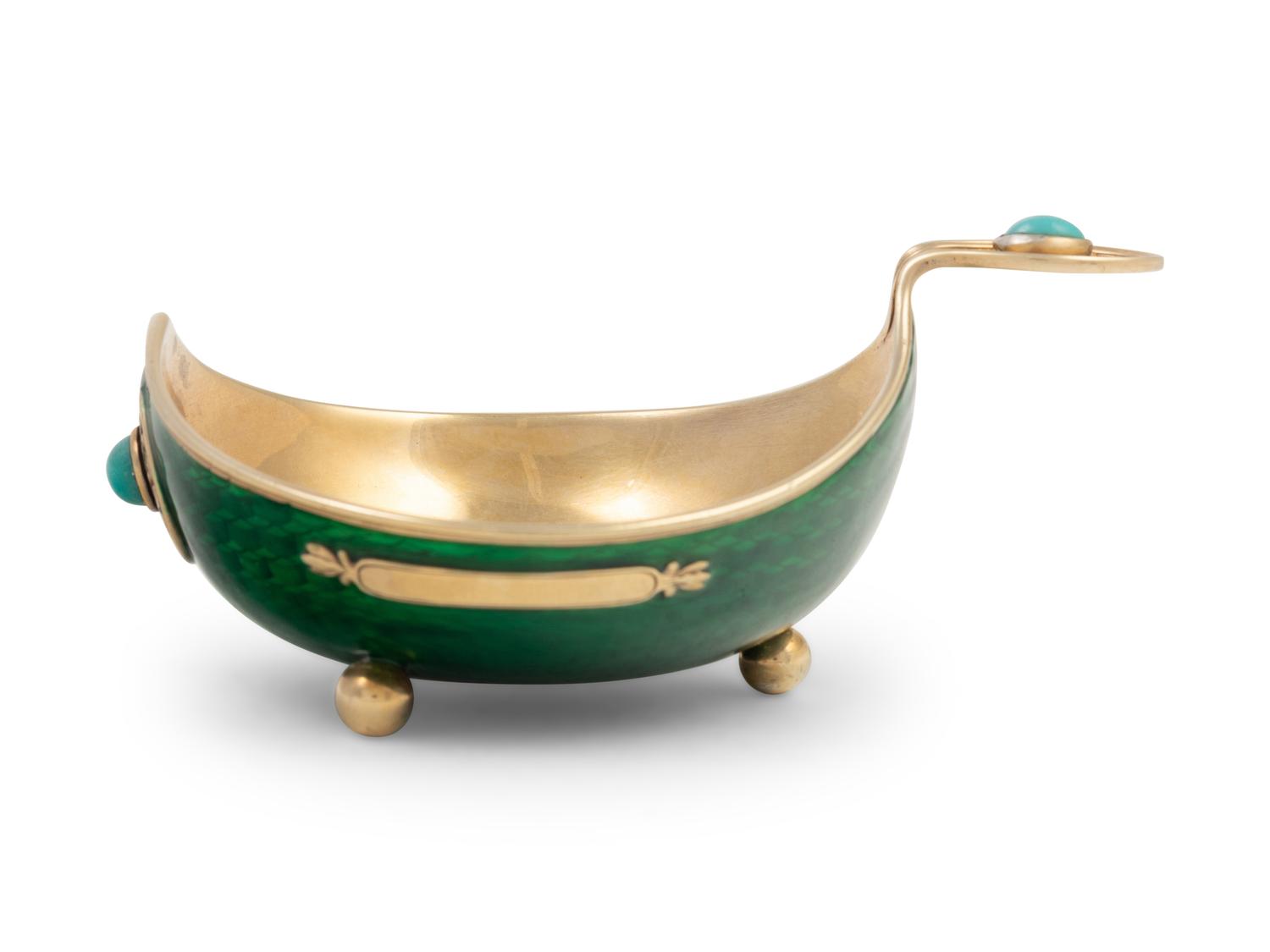 A Russian Guilloché Silver and Enamel Turquoise-Inset Kovsh