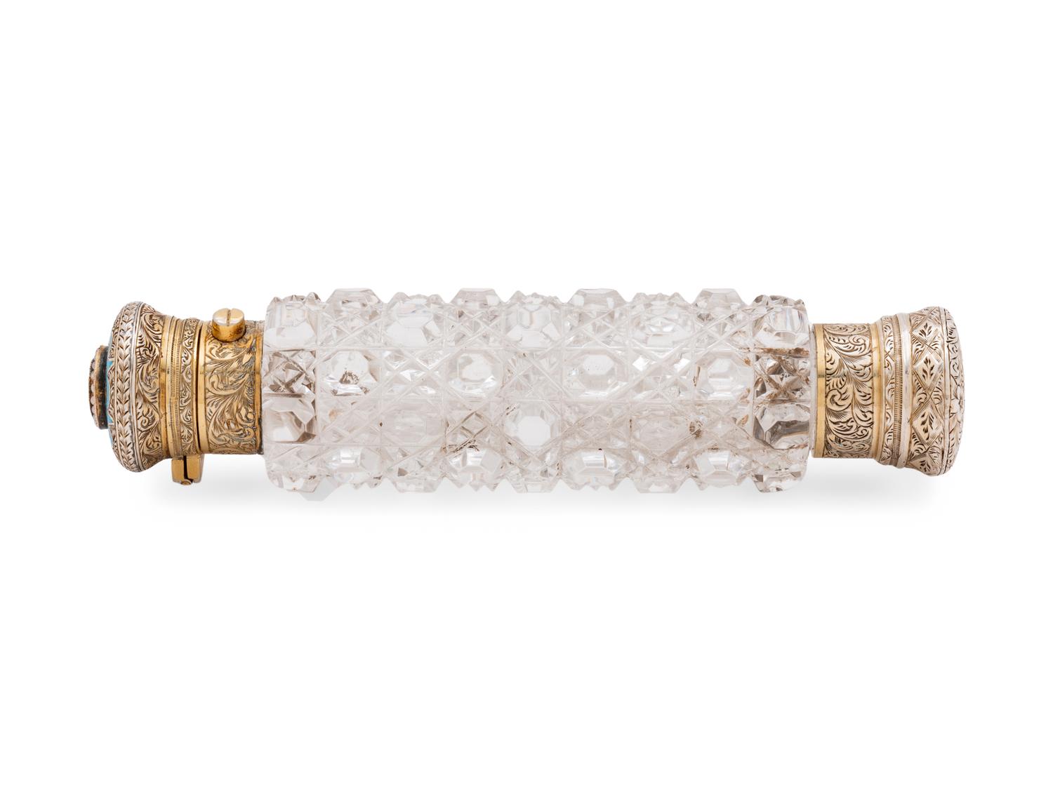 A Continental Silver-Gilt, Enameled and Pearl-Inset Cut Glass Scent Flask
