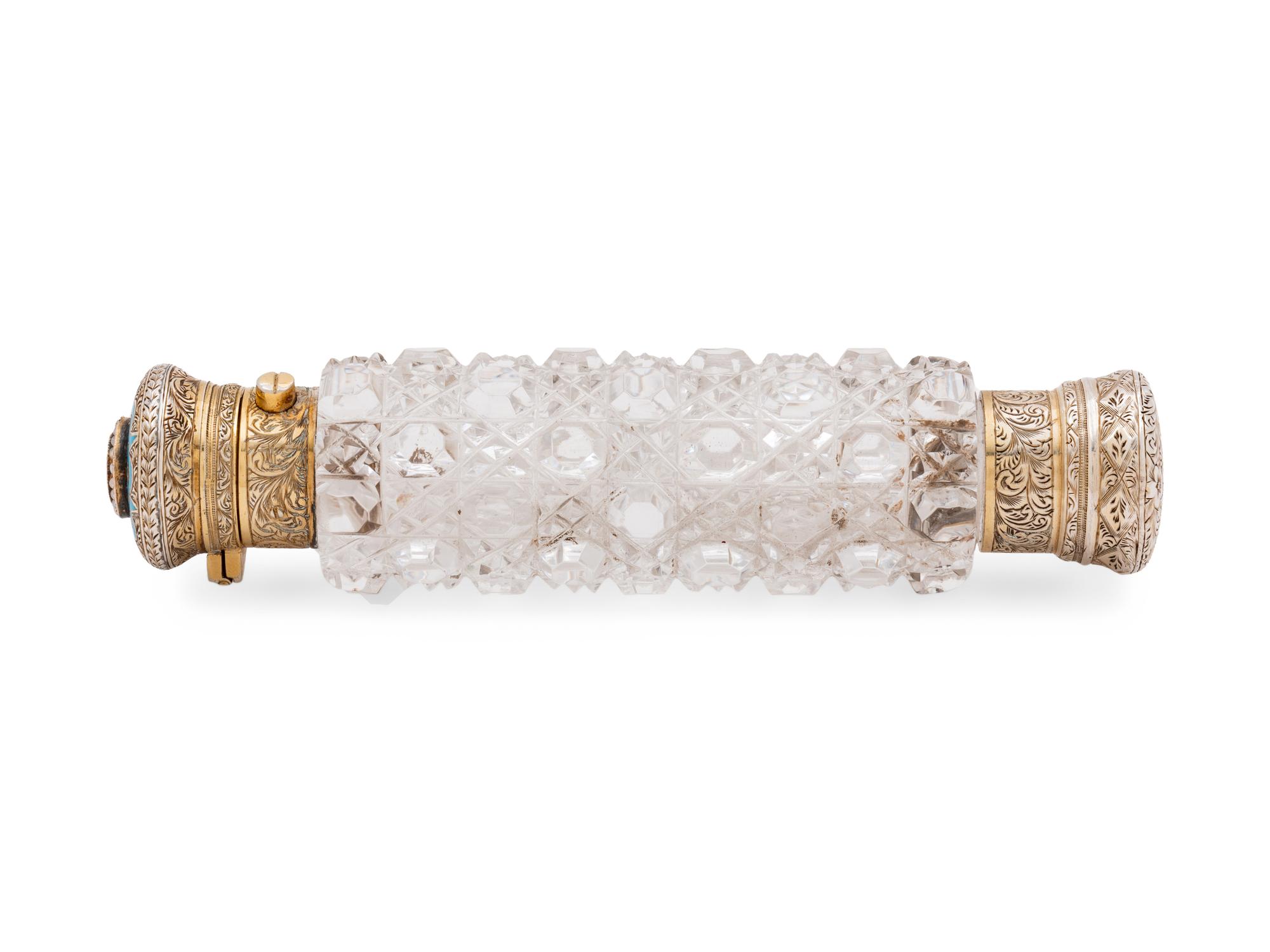 A Continental Silver-Gilt, Enameled and Pearl-Inset Cut Glass Scent Flask