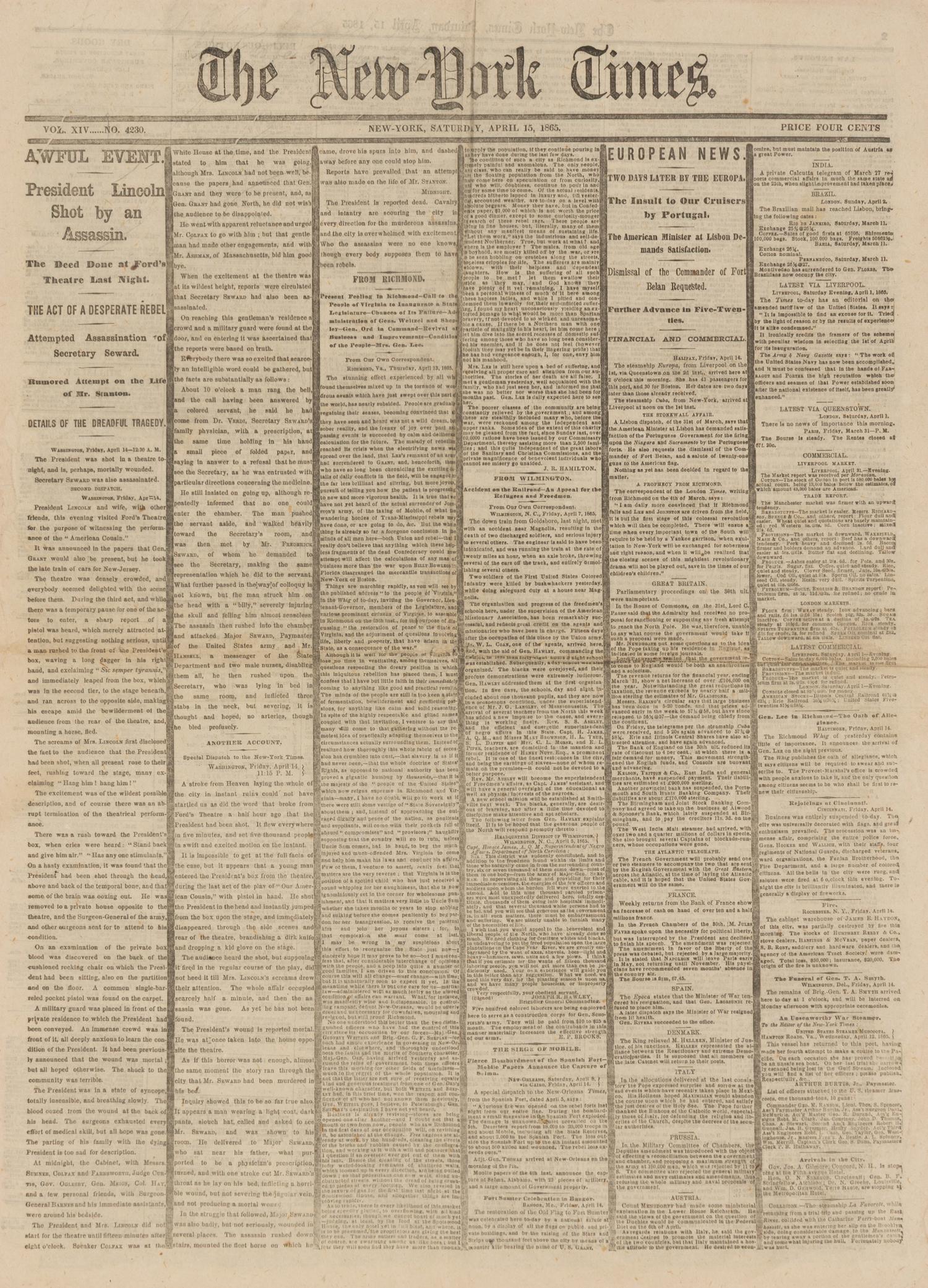 [Presidential] [Lincoln, Abraham] "Awful Event. President Lincoln Shot by an Assassin"