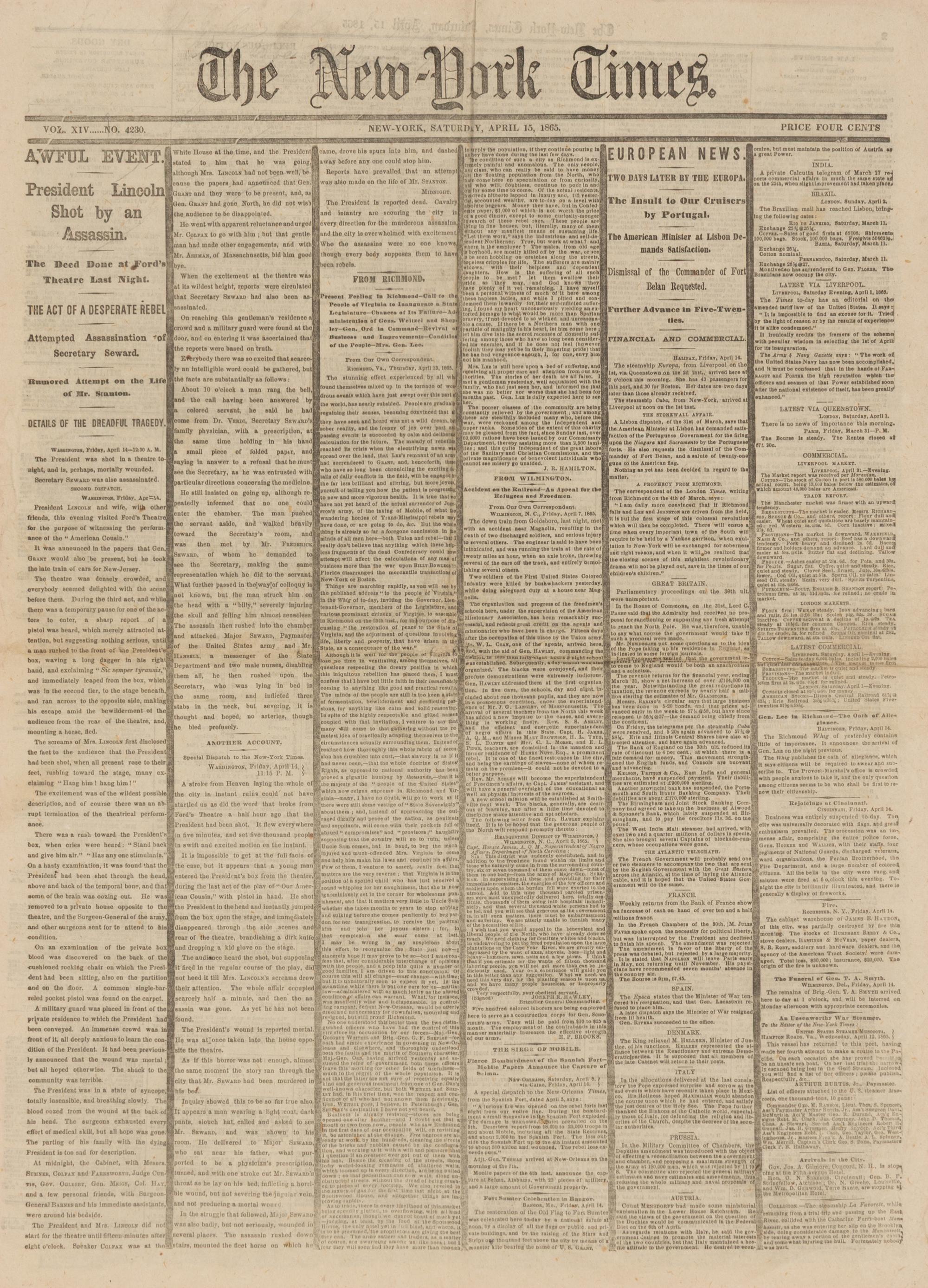 [Presidential] [Lincoln, Abraham] "Awful Event. President Lincoln Shot by an Assassin"