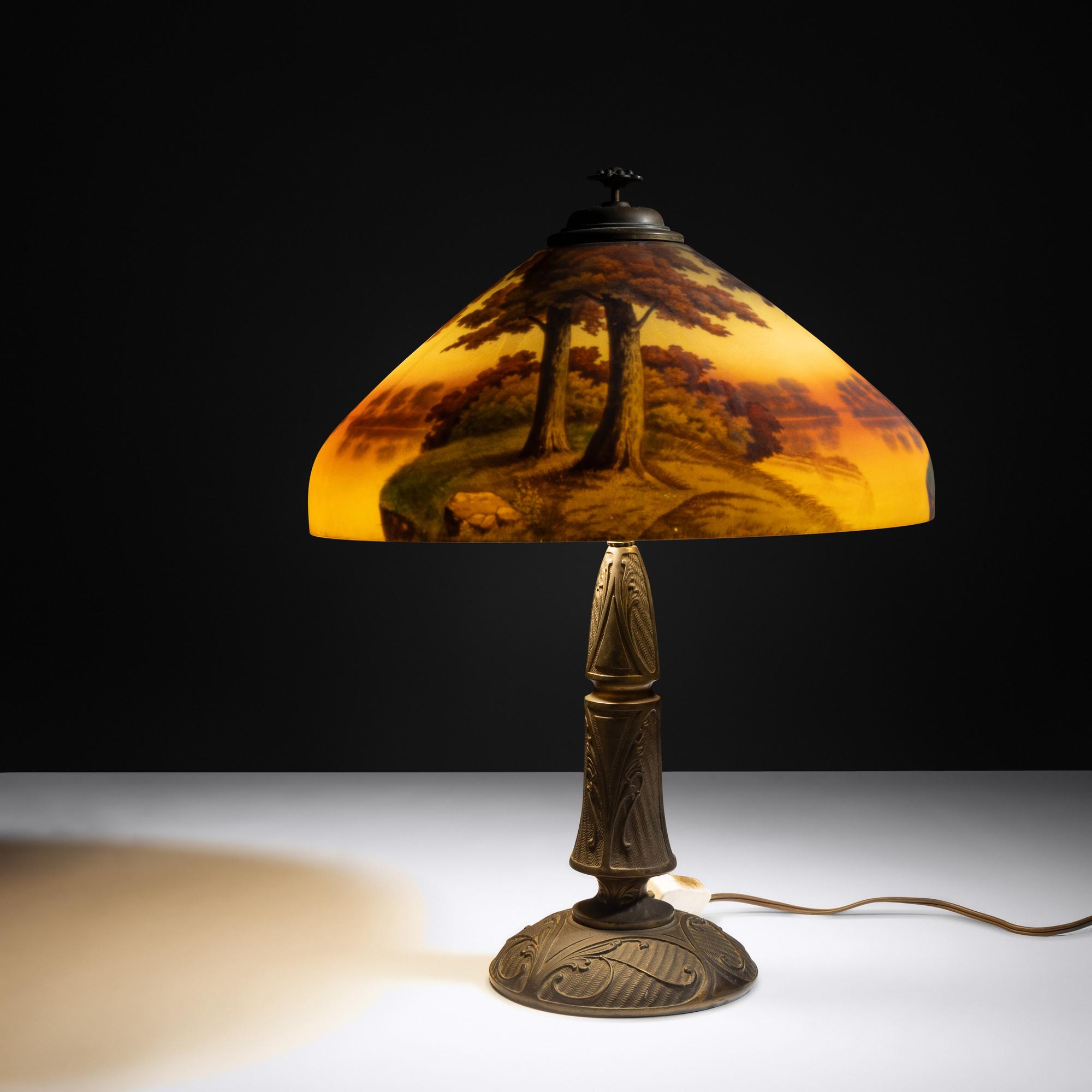Reverse-painted glass lamp, c. 1910