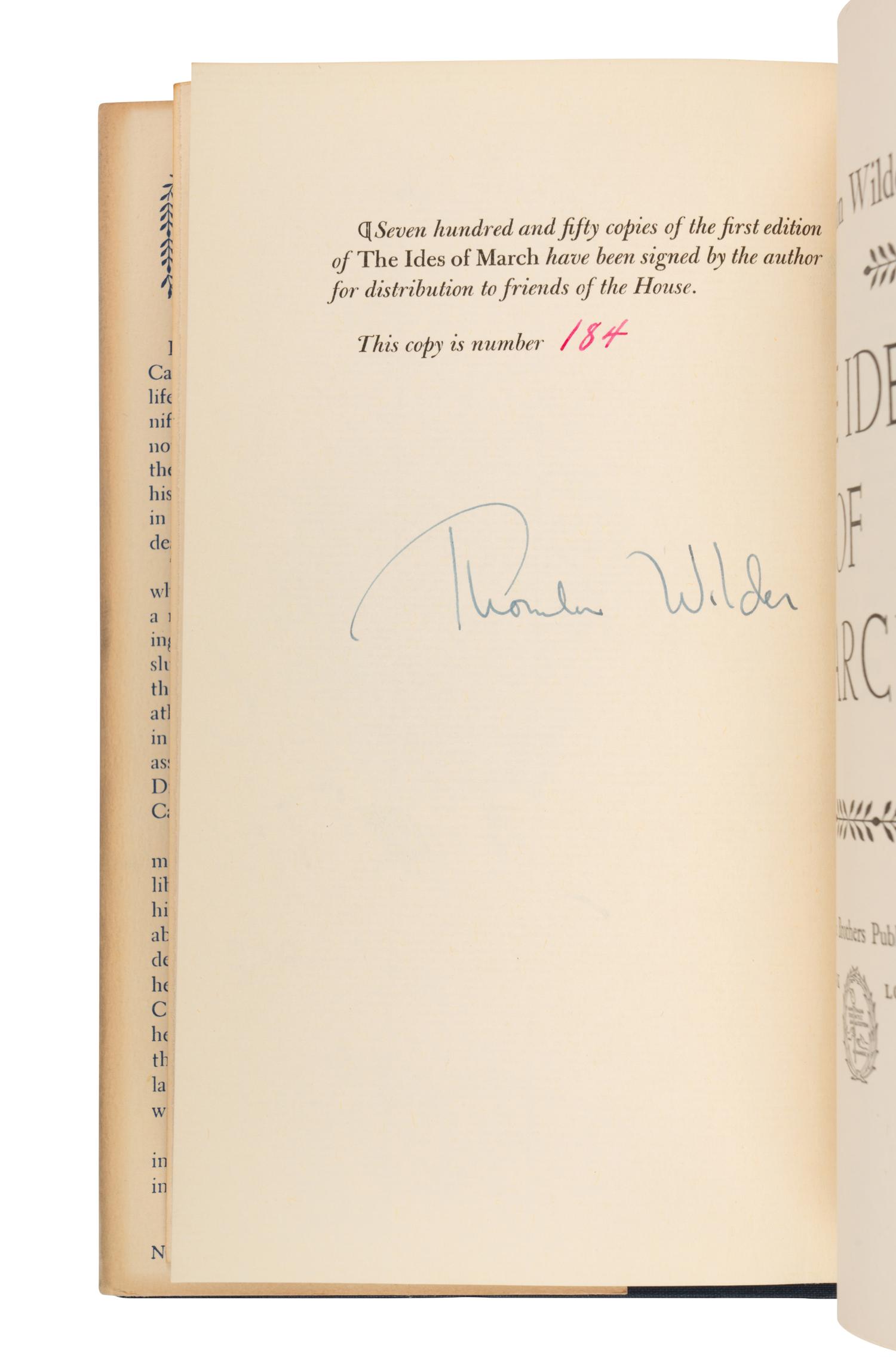 WILDER, Thornton (1897-1975). A group of 7 works, MOST FIRST EDITIONS, MOST SIGNED, comprising: