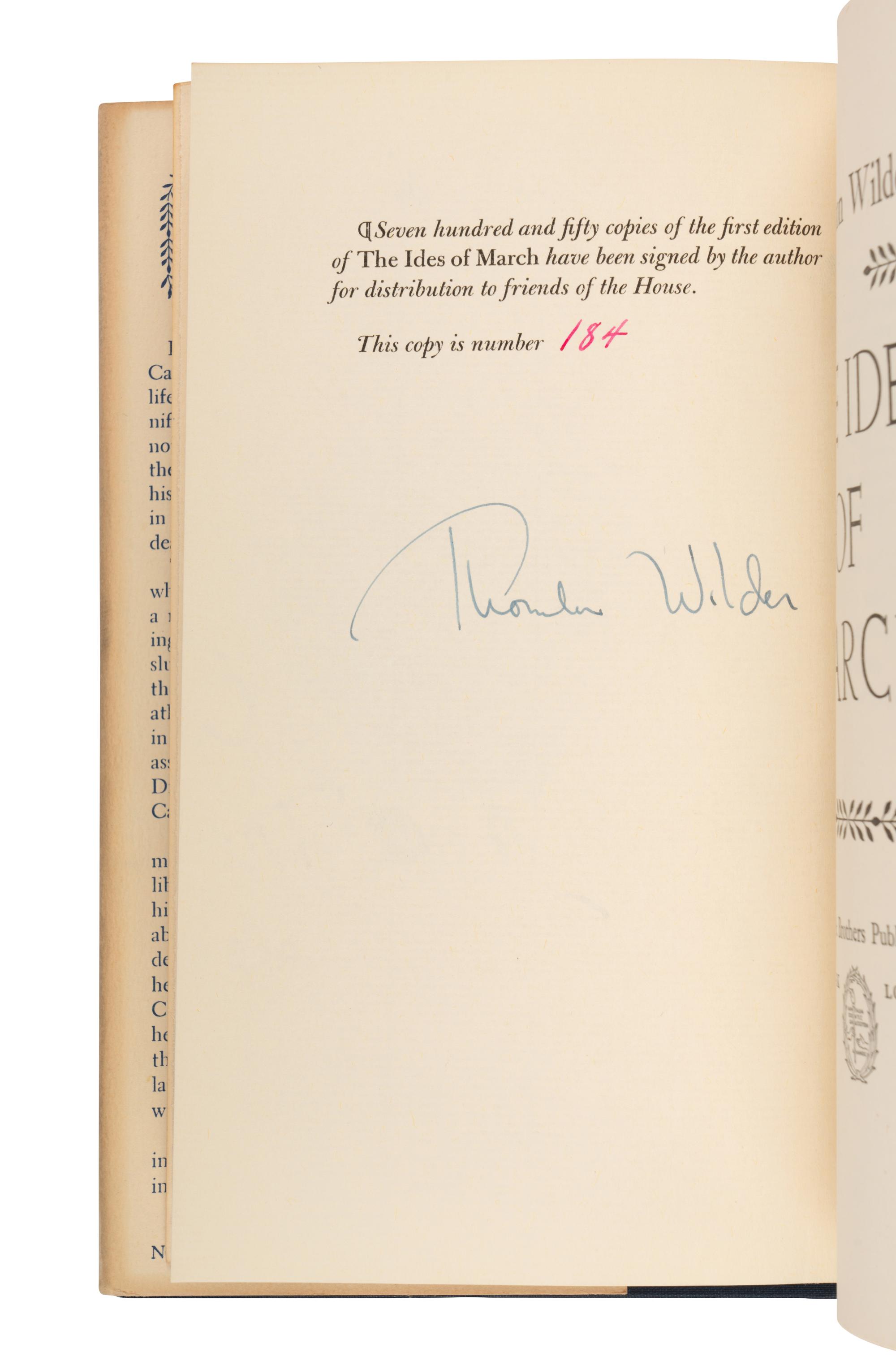 WILDER, Thornton (1897-1975). A group of 7 works, MOST FIRST EDITIONS, MOST SIGNED, comprising: