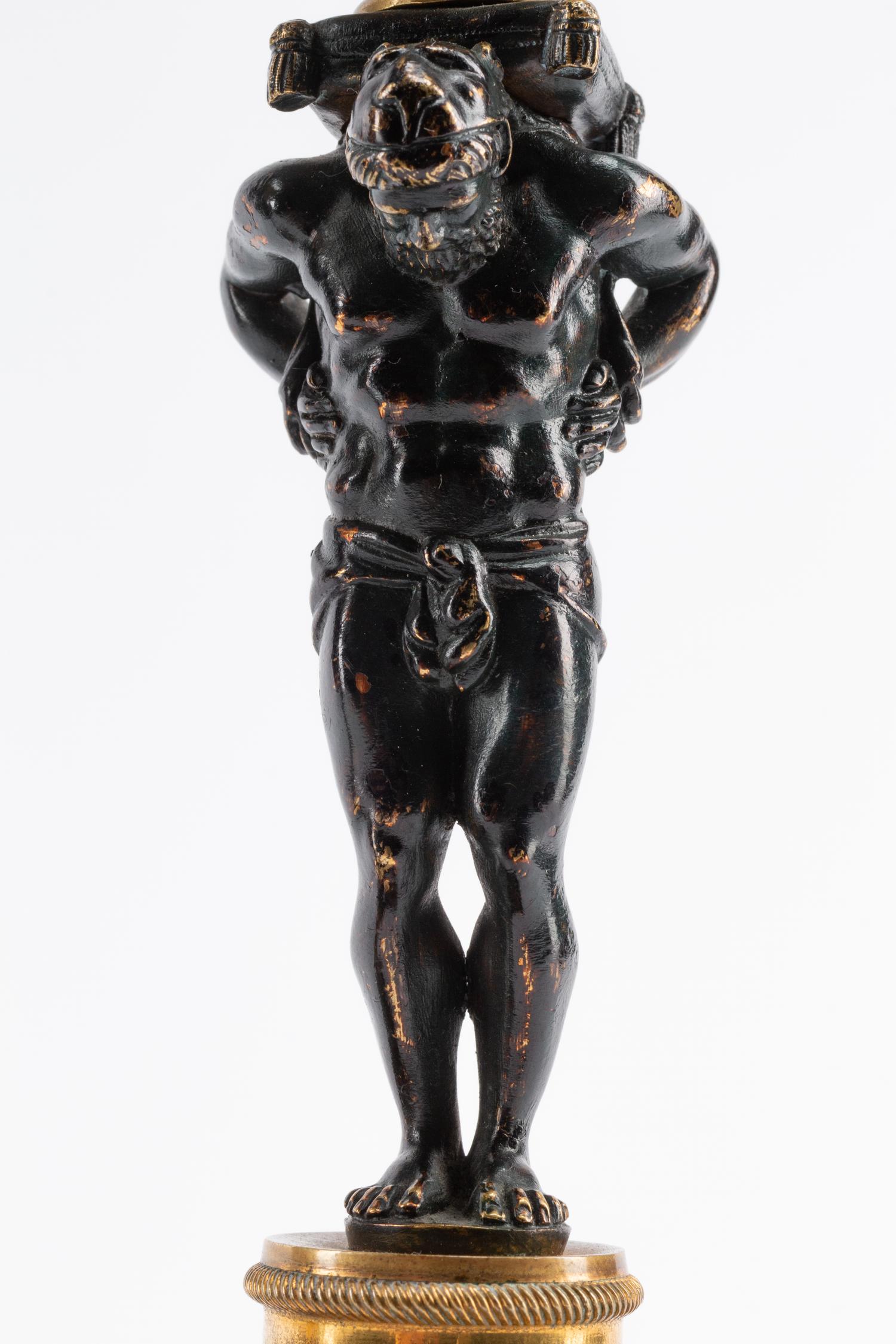A Pair of French Gilt and Patinated Bronze and Marble Figural Candlesticks in the Form of Atlas