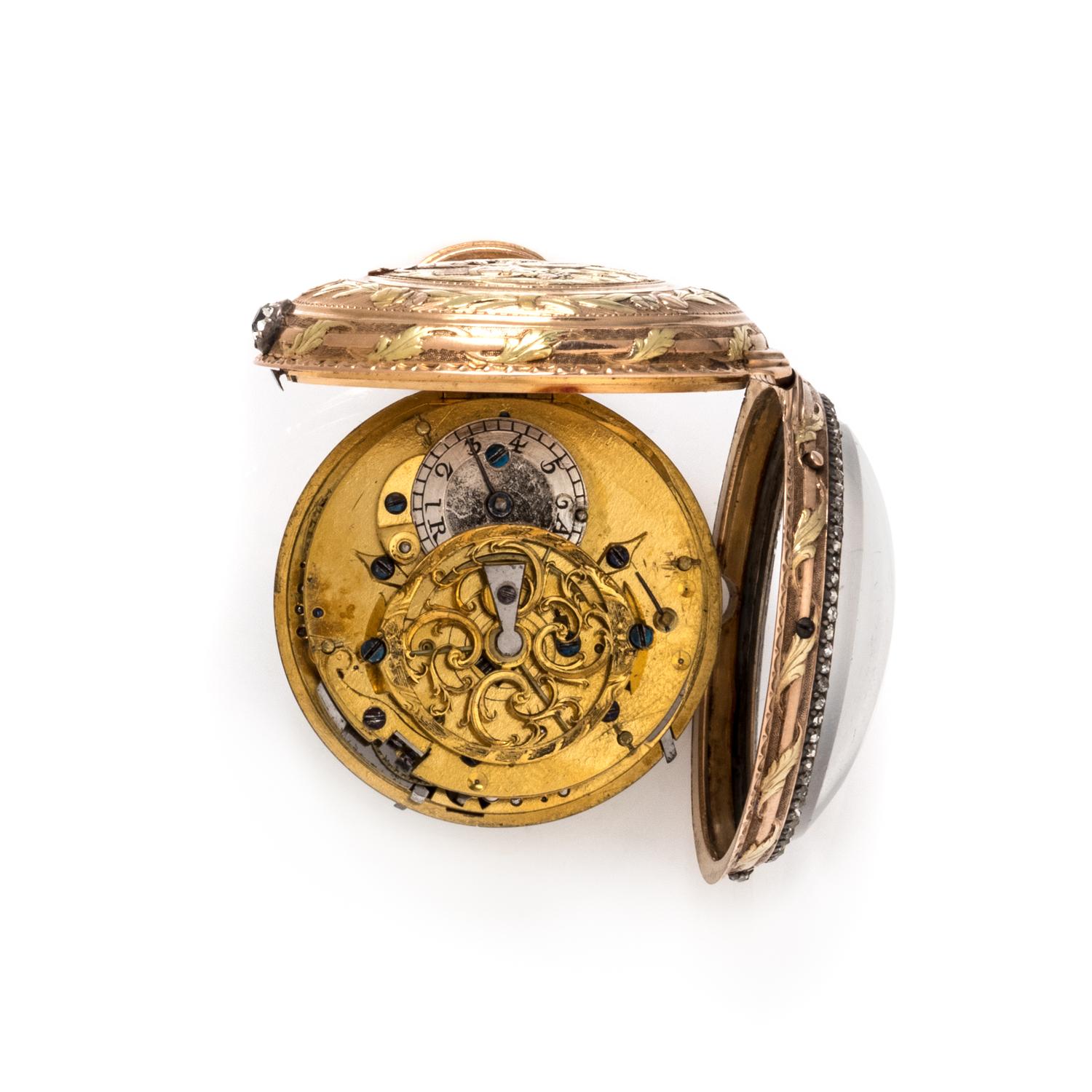 TRICOLOR GILT-METAL AND DIAMOND DUMB REPEATER OPEN FACE POCKET WATCH