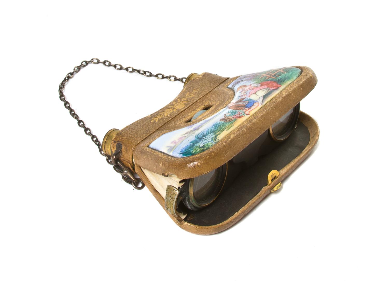 A Pair of French Enameled and Tooled Leather Opera Glasses, A. Gualdoni, Width 4 1/4 inches.