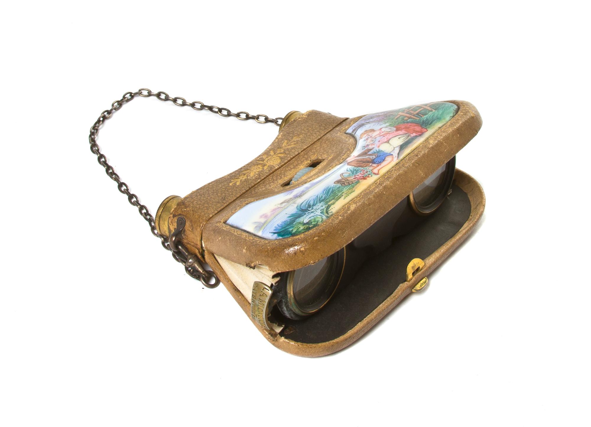 A Pair of French Enameled and Tooled Leather Opera Glasses, A. Gualdoni, Width 4 1/4 inches.
