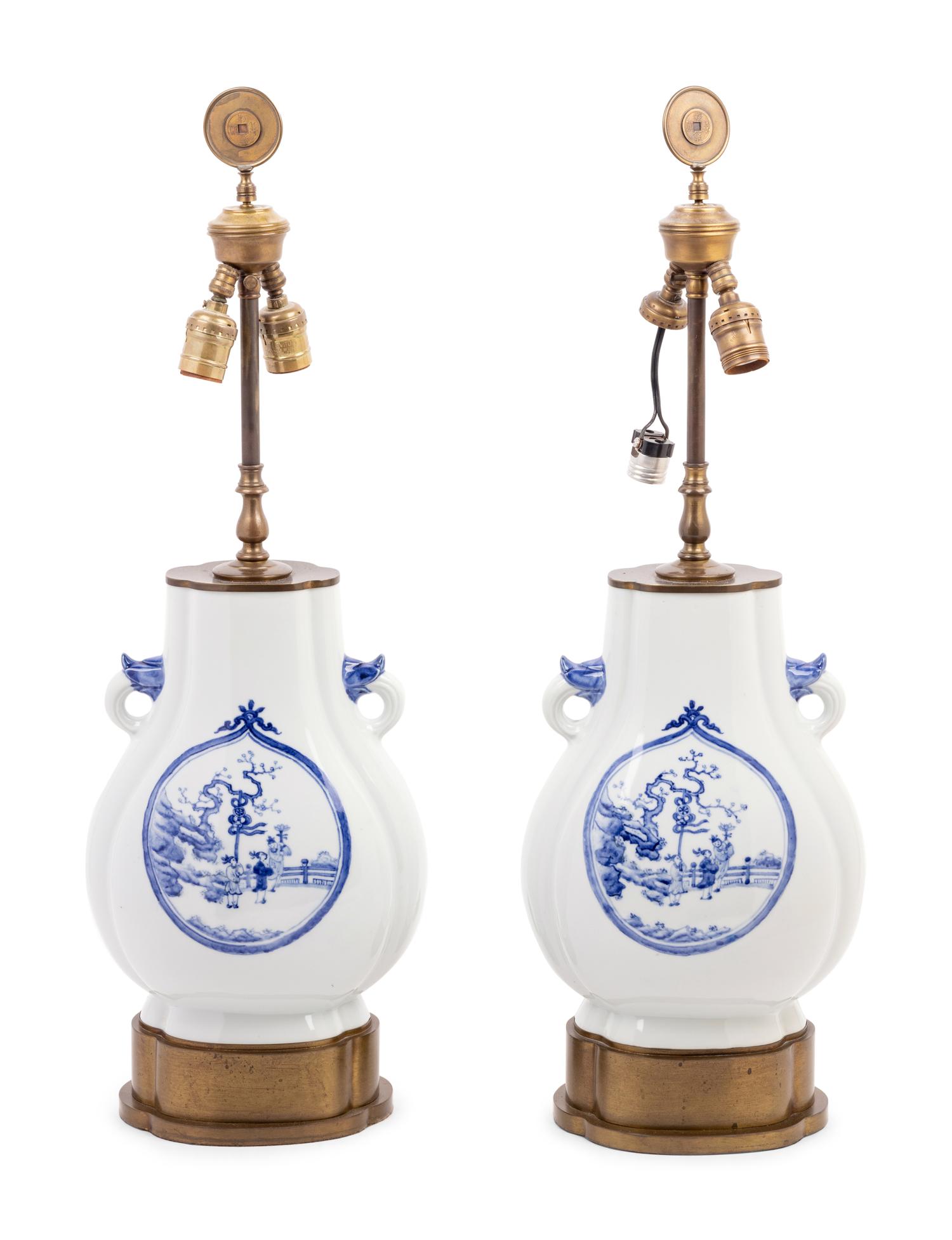 A Pair of Chinese Blue and White Porcelain Vases Mounted as Lamps