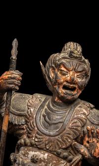 A Japanese Polychrome Painted Wood Figure of a Guardian