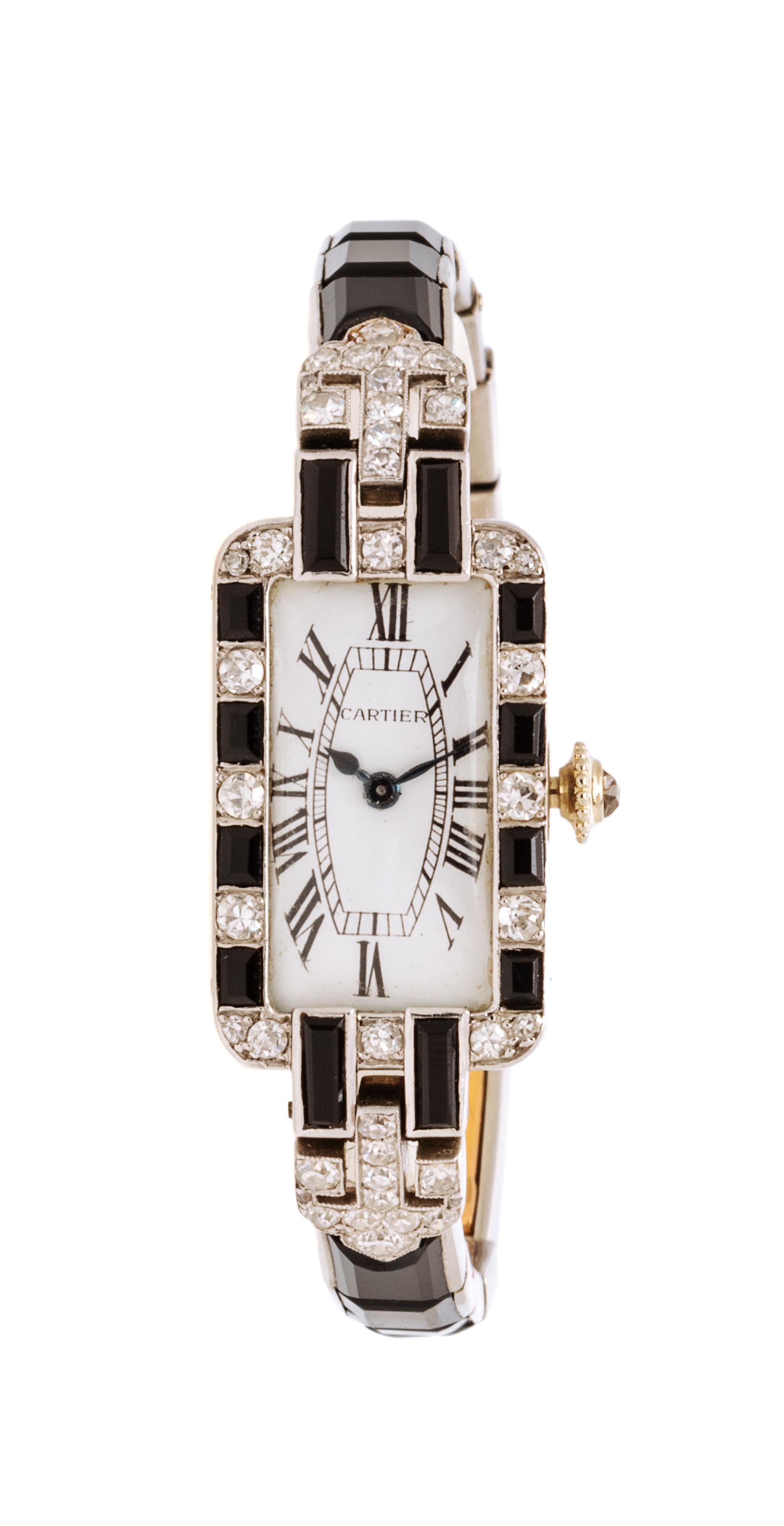 An Art Deco Platinum, Diamond and Onyx Wristwatch, Cartier, 25.51 dwts.