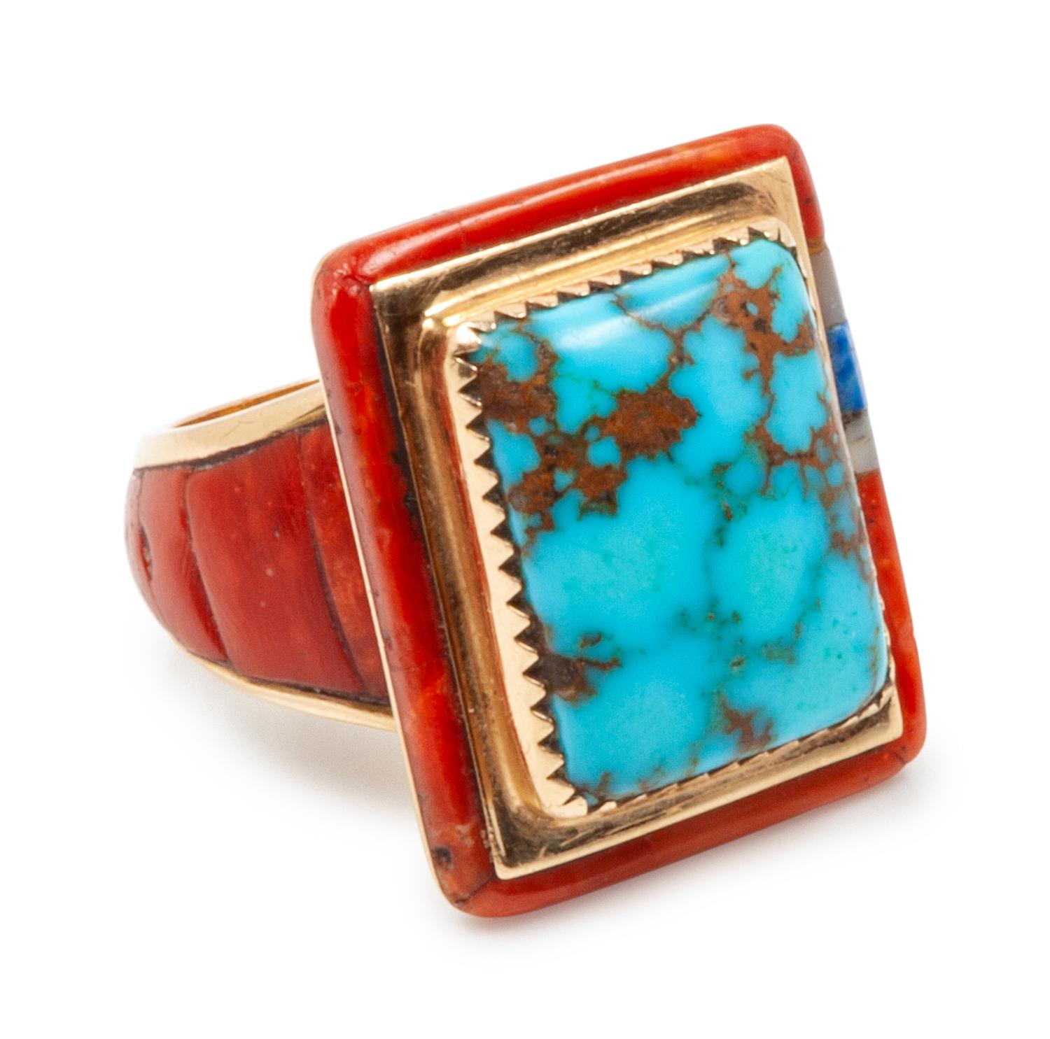 14k gold ring with turquoise and coral inlay