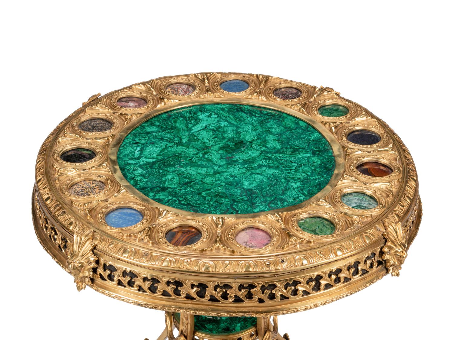 A Louis XVI Style Gilt Bronze, Malachite and Specimen Marble Guéridon