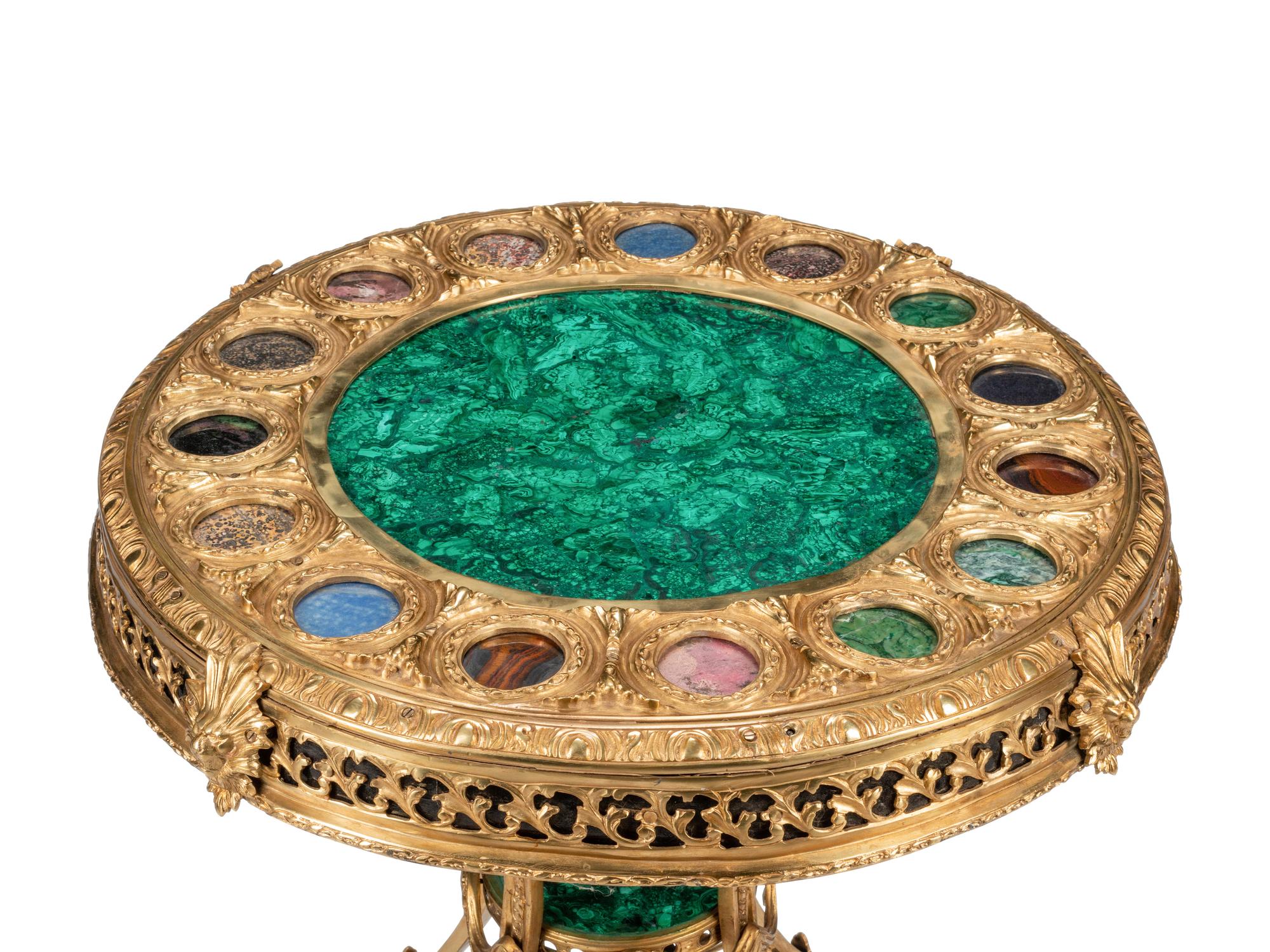 A Louis XVI Style Gilt Bronze, Malachite and Specimen Marble Guéridon