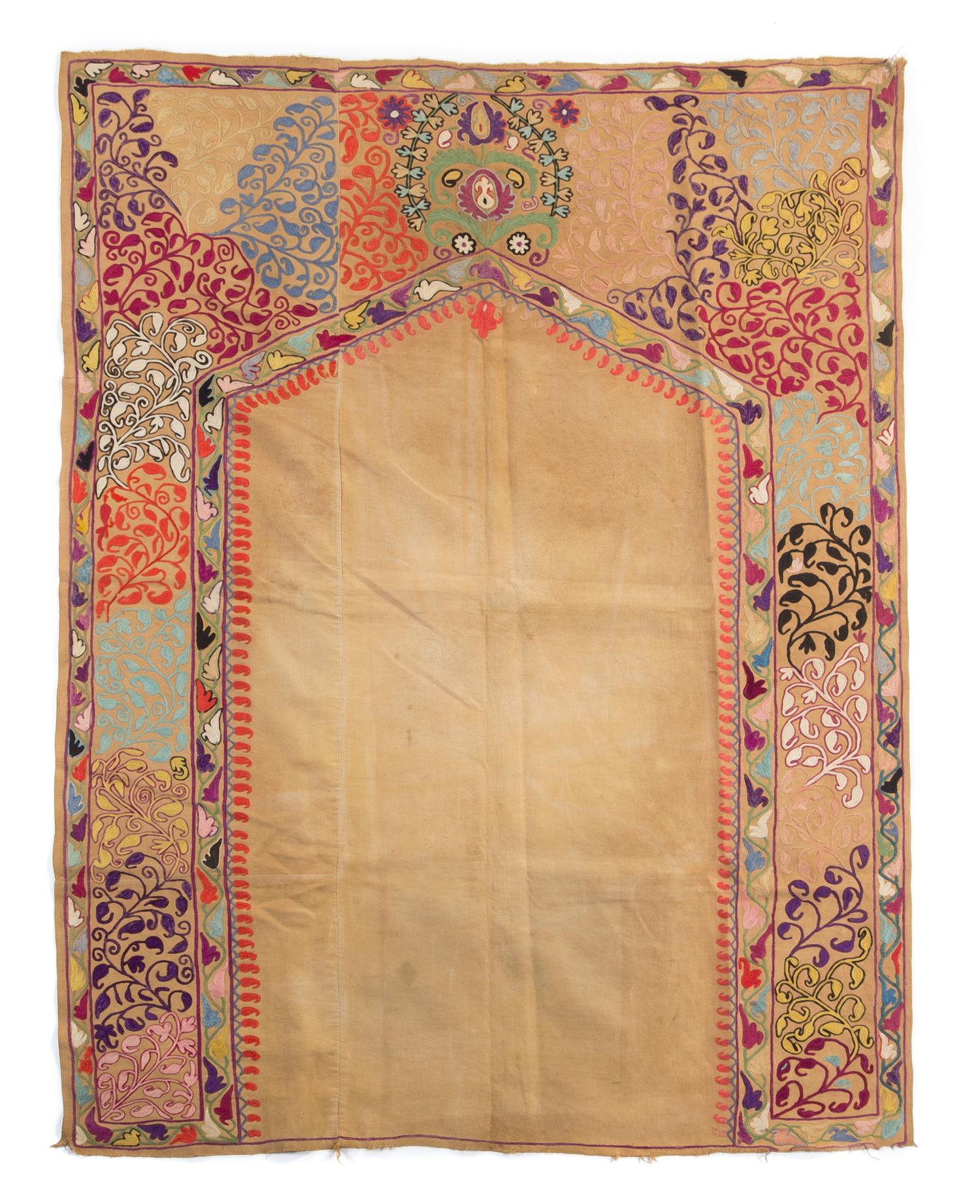 A Suzani Embroidered Prayer Mat 51 x 38 inches. — 19TH CENTURY