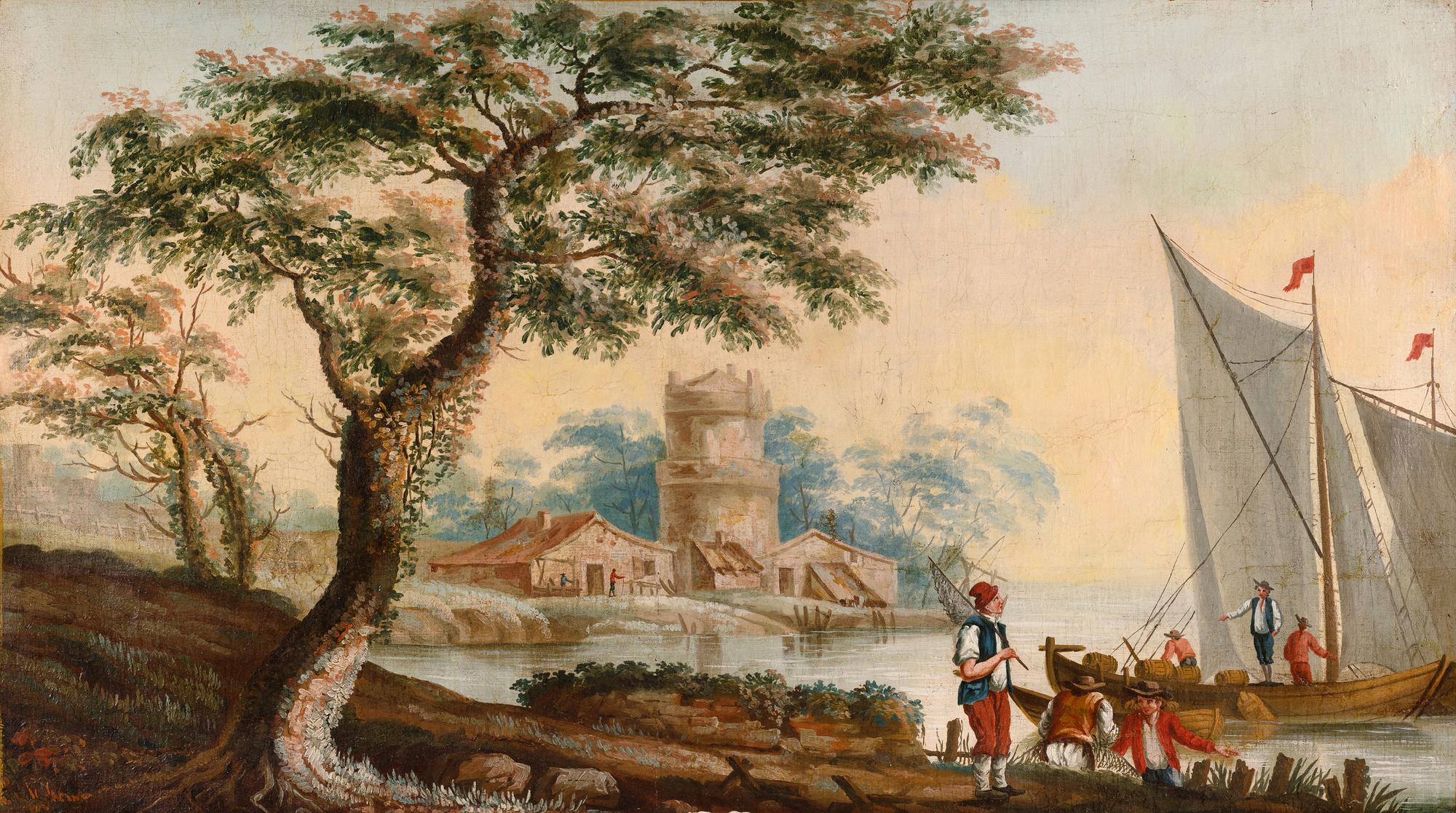 Ten French Painted Canvas Panels of Various Ports of France