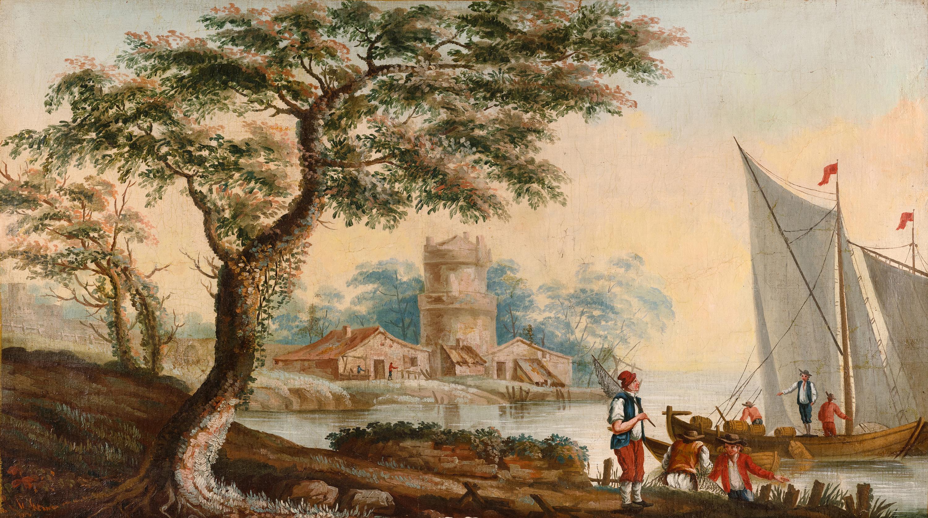 Ten French Painted Canvas Panels of Various Ports of France