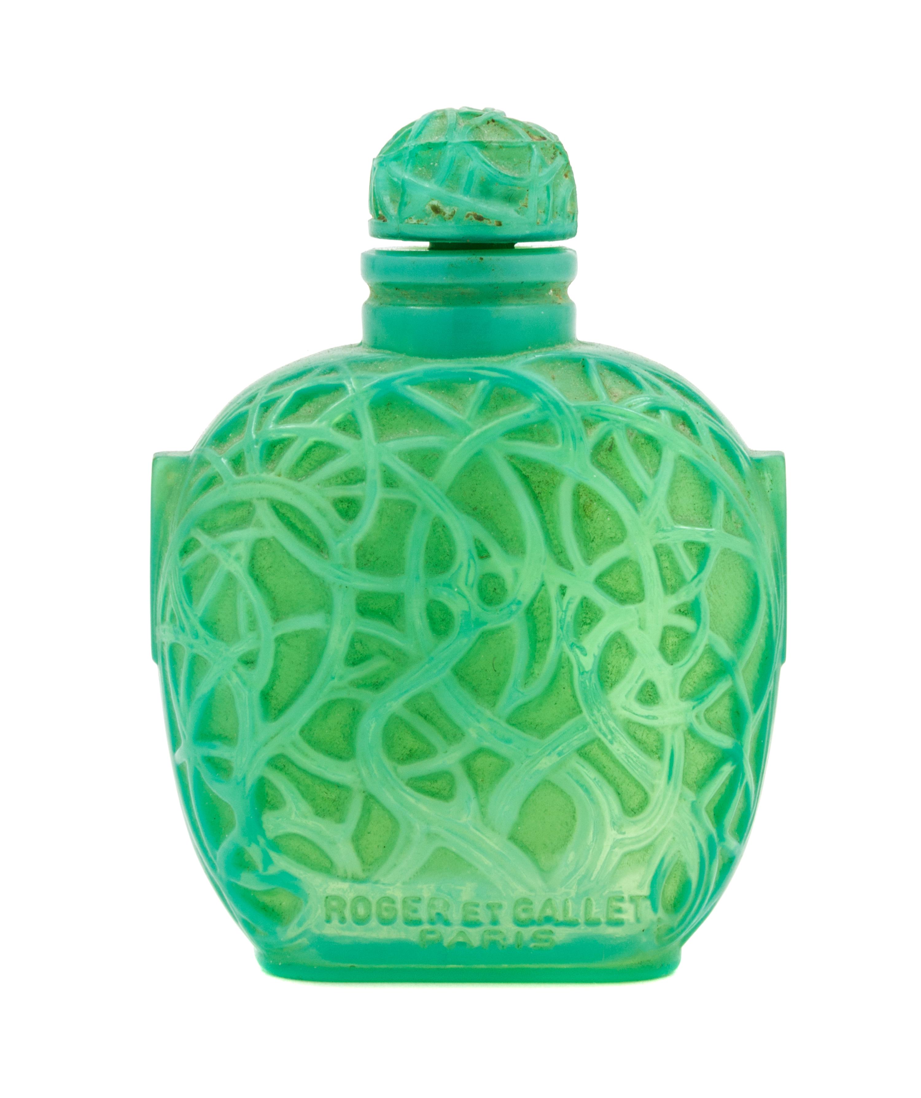 A Rene Lalique Glass Perfume Bottle Height 3 1/2 inches. — RETAILED BY ROGER ET GALLET, PARIS