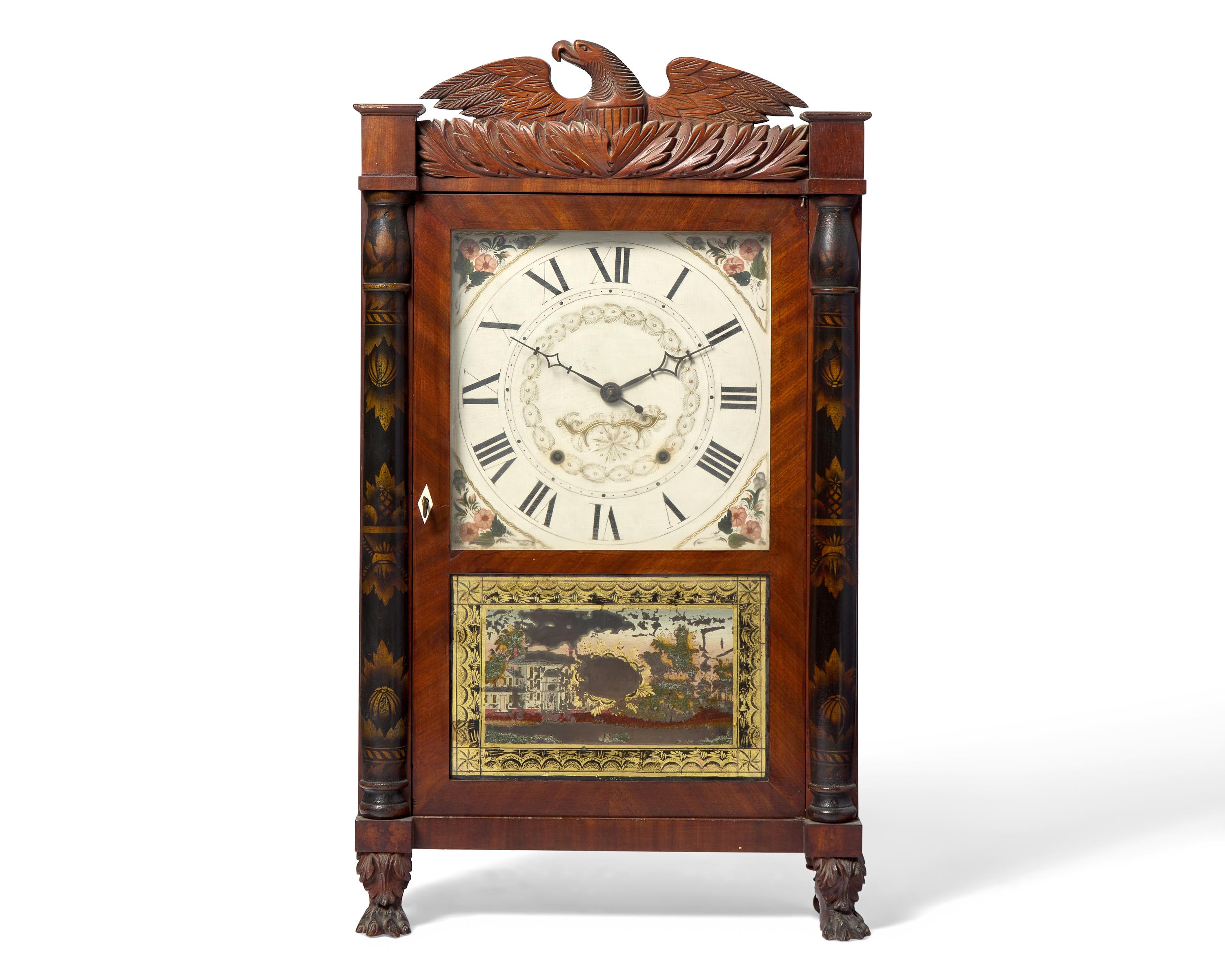 A Classical Carved Mahogany, Stencil-Decorated and Églomisé Shelf Clock