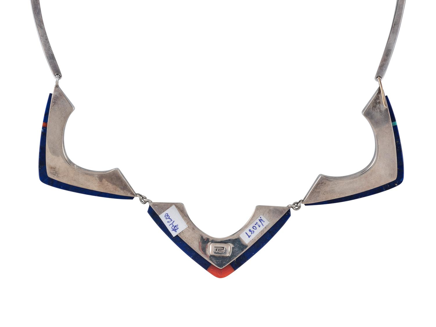 Sterling Silver Choker and Post Earrings, with Coral and Lapis Inlay
