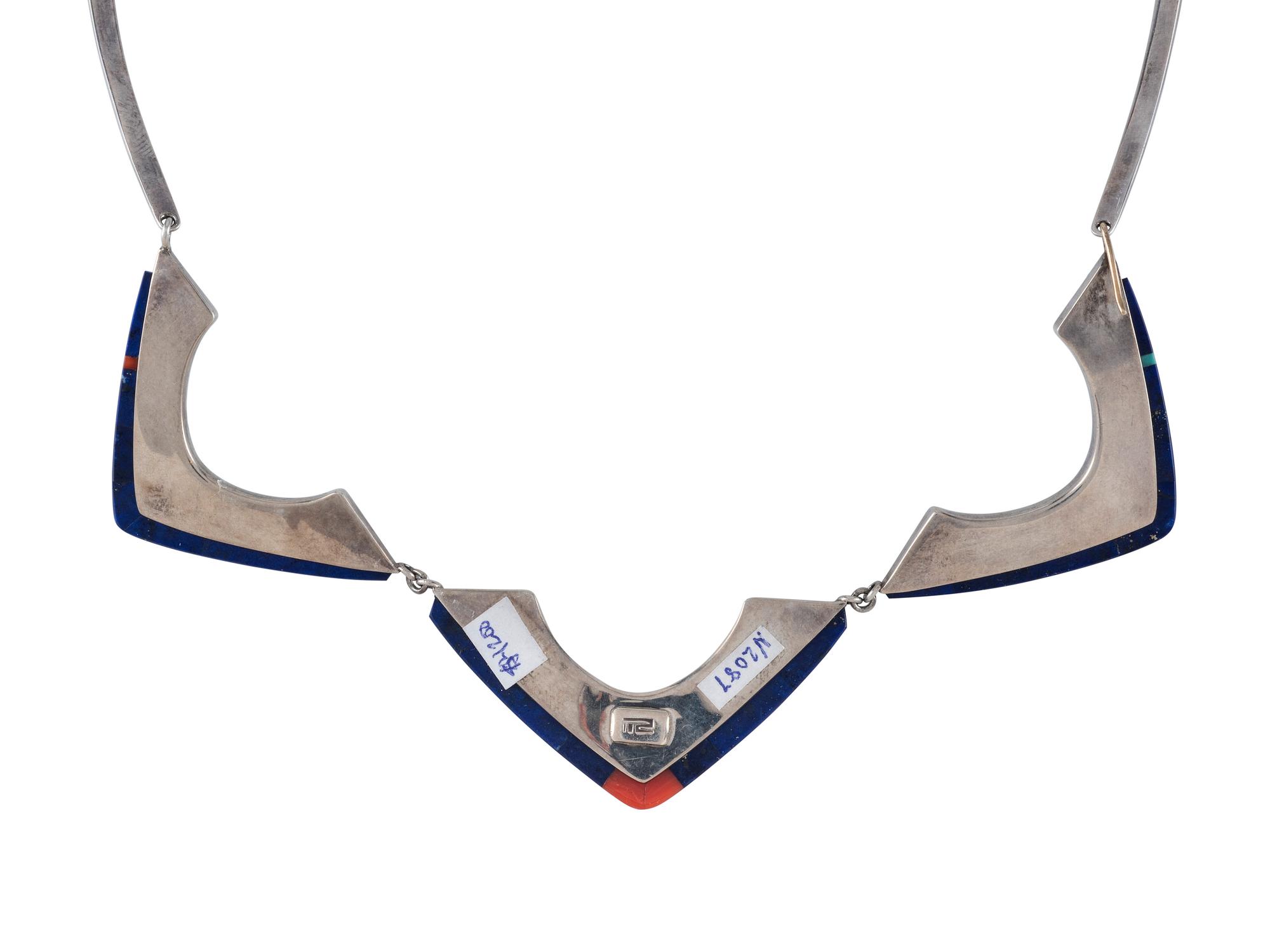 Sterling Silver Choker and Post Earrings, with Coral and Lapis Inlay