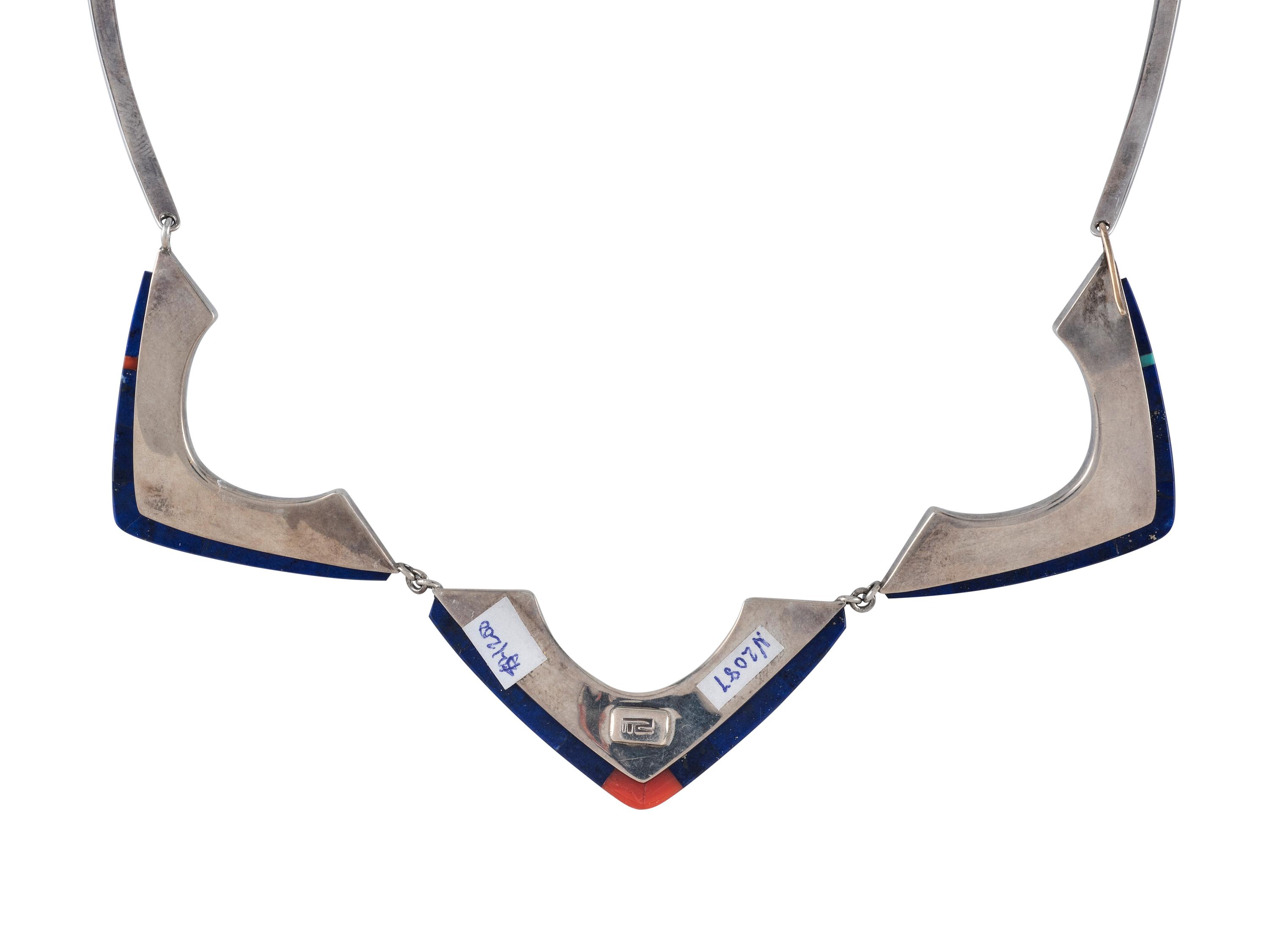 Sterling Silver Choker and Post Earrings, with Coral and Lapis Inlay