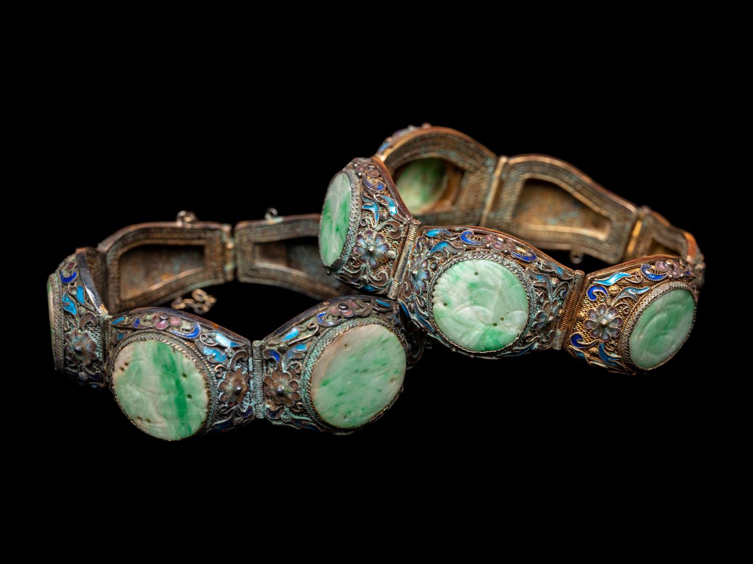 A Pair of Chinese Jadeite Inset Enameled Filigree Bracelets