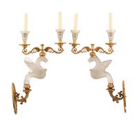 A Pair of French Gilt Bronze and Frosted Glass Two-Light Sconces
