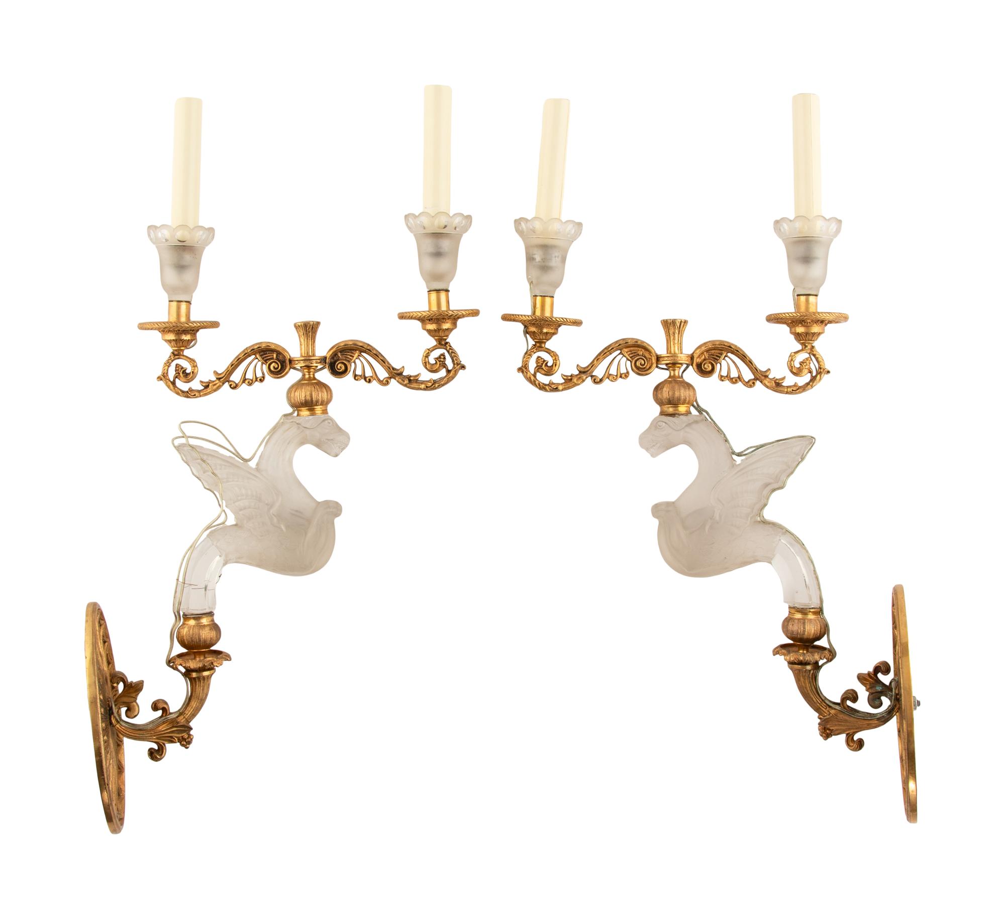 A Pair of French Gilt Bronze and Frosted Glass Two-Light Sconces