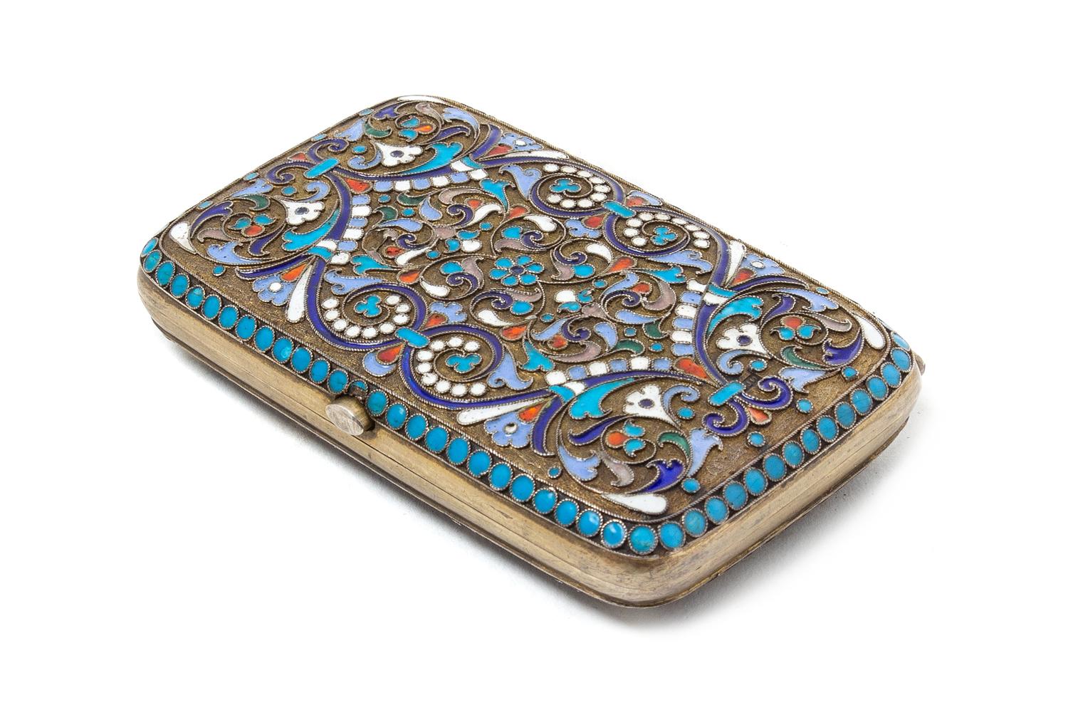 A Russian Enameled Silver Cigarette Case, Mark possibly of Ivan Gubkin, Moscow, the case decorated with floral and foliate enameling, t