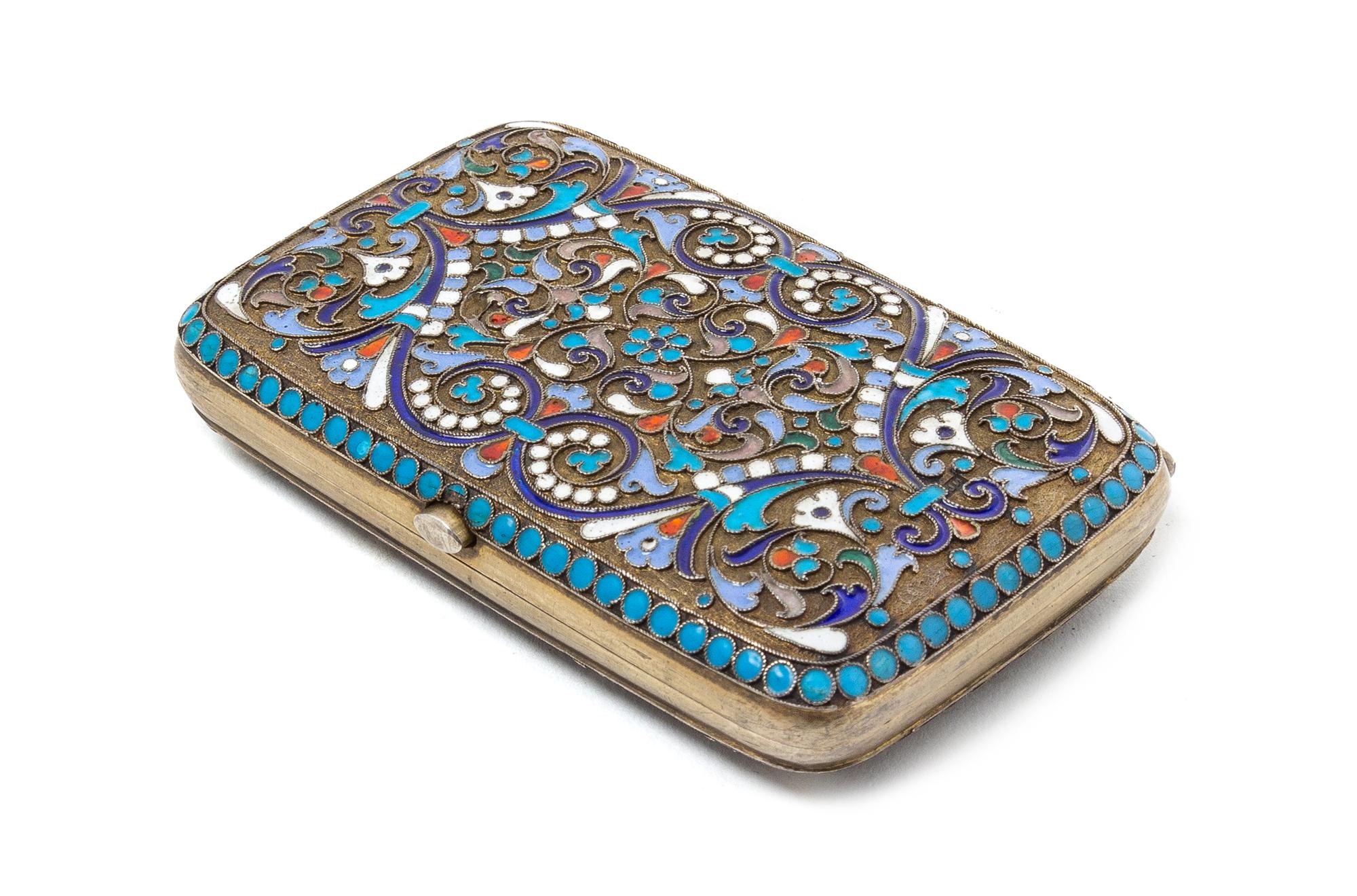 A Russian Enameled Silver Cigarette Case, Mark possibly of Ivan Gubkin, Moscow, the case decorated with floral and foliate enameling, t