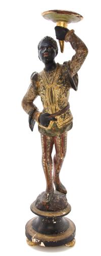 A Venetian Carved and Polychrome Decorated Figure, Height 29 3/4 inches.