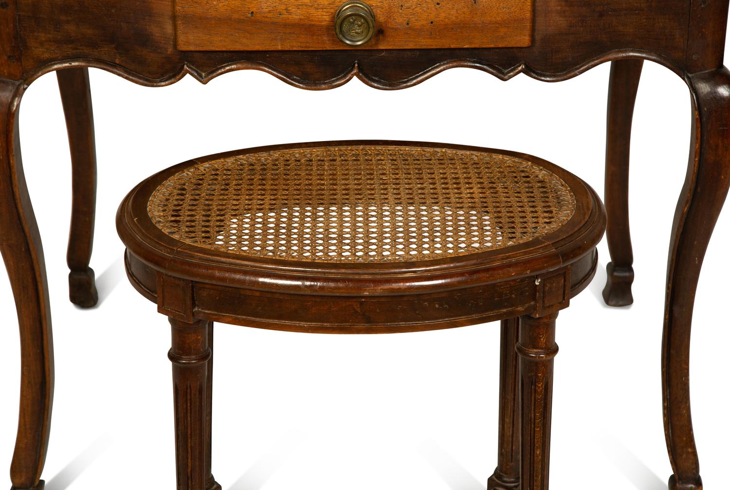 A Louis XV Style Side Table with a Louis XV Style Caned Seat Stool