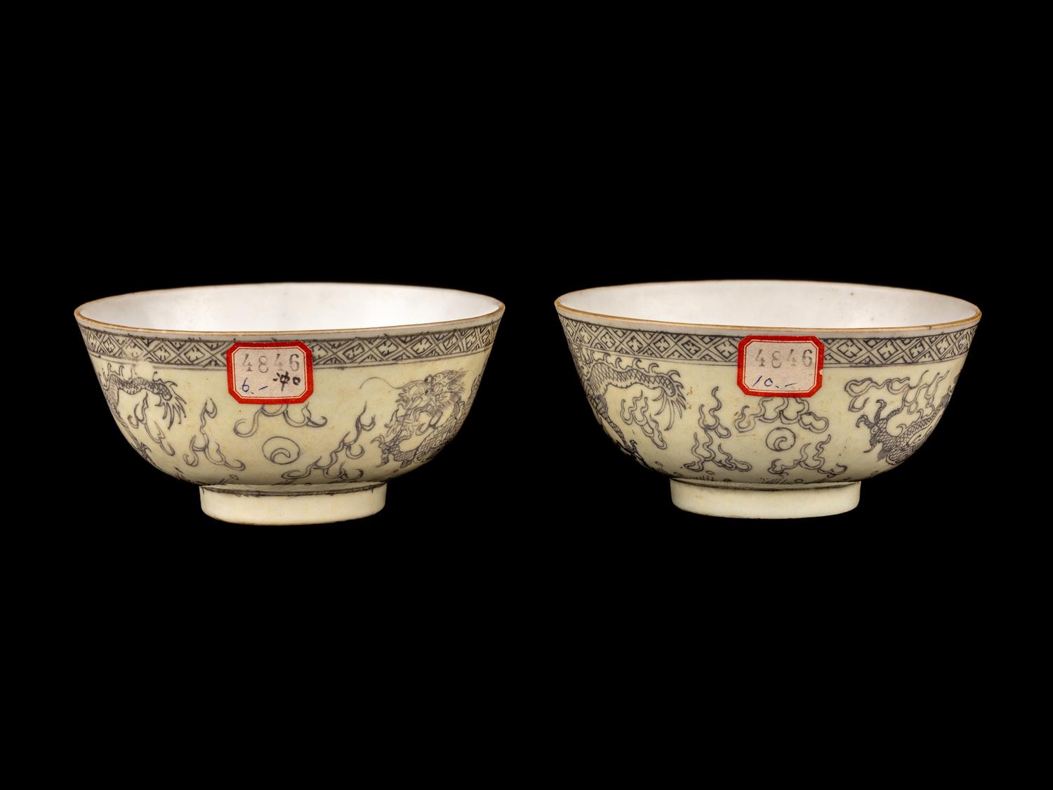 A Pair of Chinese Grisaille Enameled Porcelain Bowls