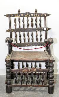 An African Carved Wood and Brass Throne Chair Height 44 inches.