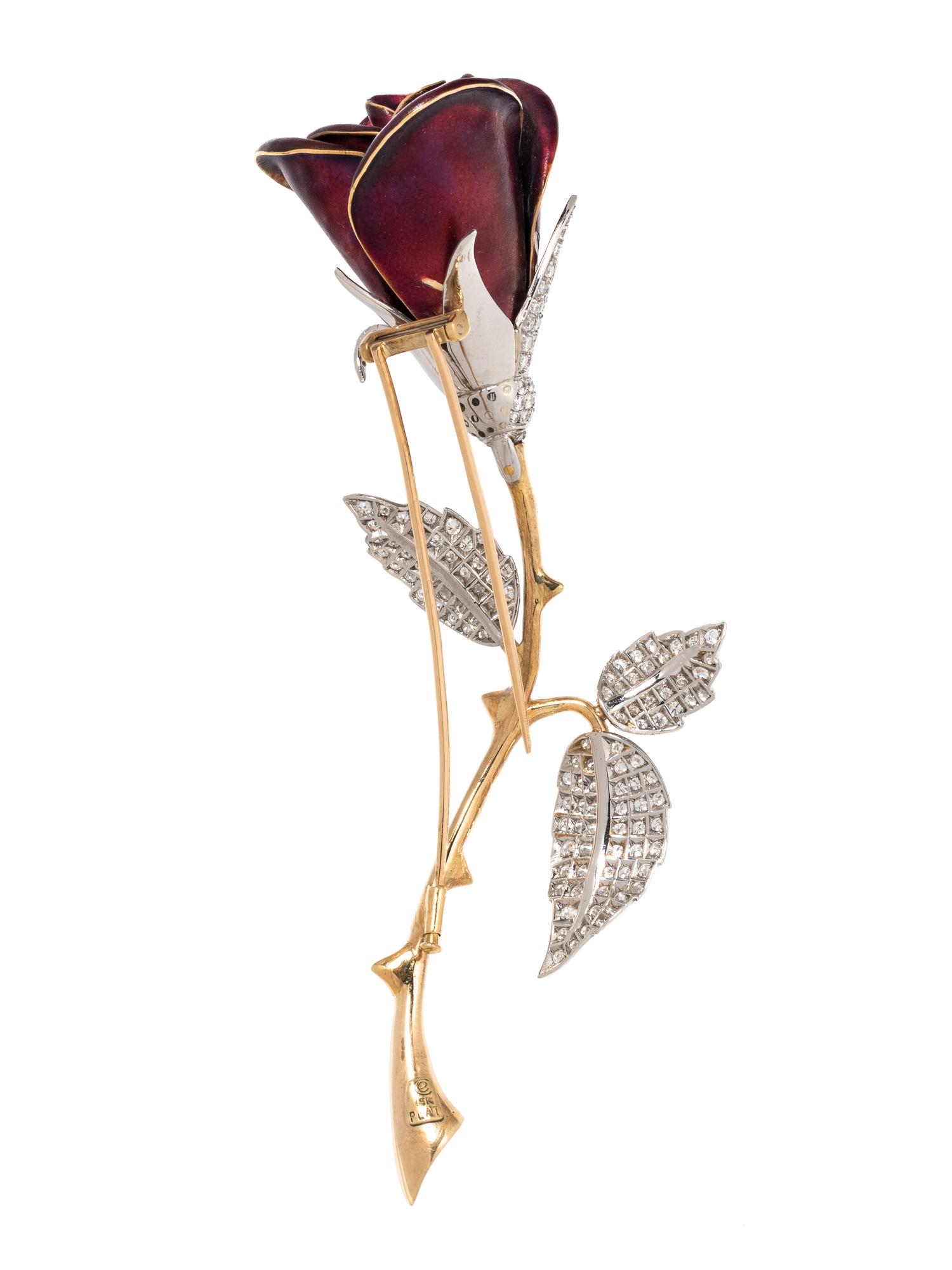 EVELYN CLOTHIER, ENAMEL AND DIAMOND ROSE BROOCH