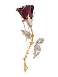 EVELYN CLOTHIER, ENAMEL AND DIAMOND ROSE BROOCH
