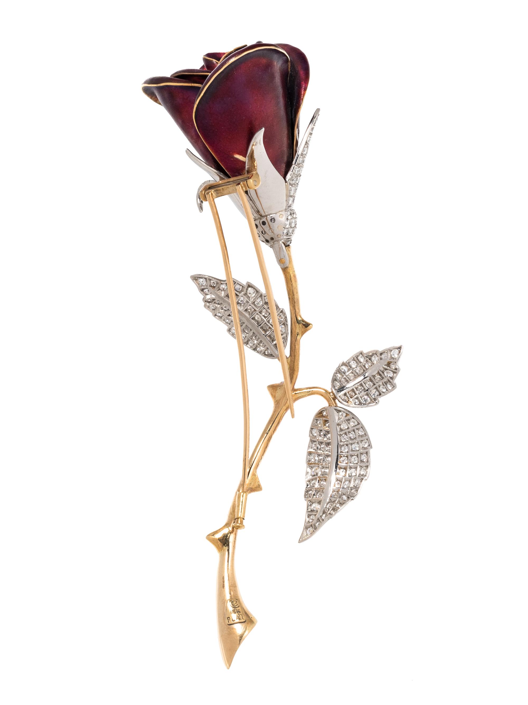 EVELYN CLOTHIER, ENAMEL AND DIAMOND ROSE BROOCH
