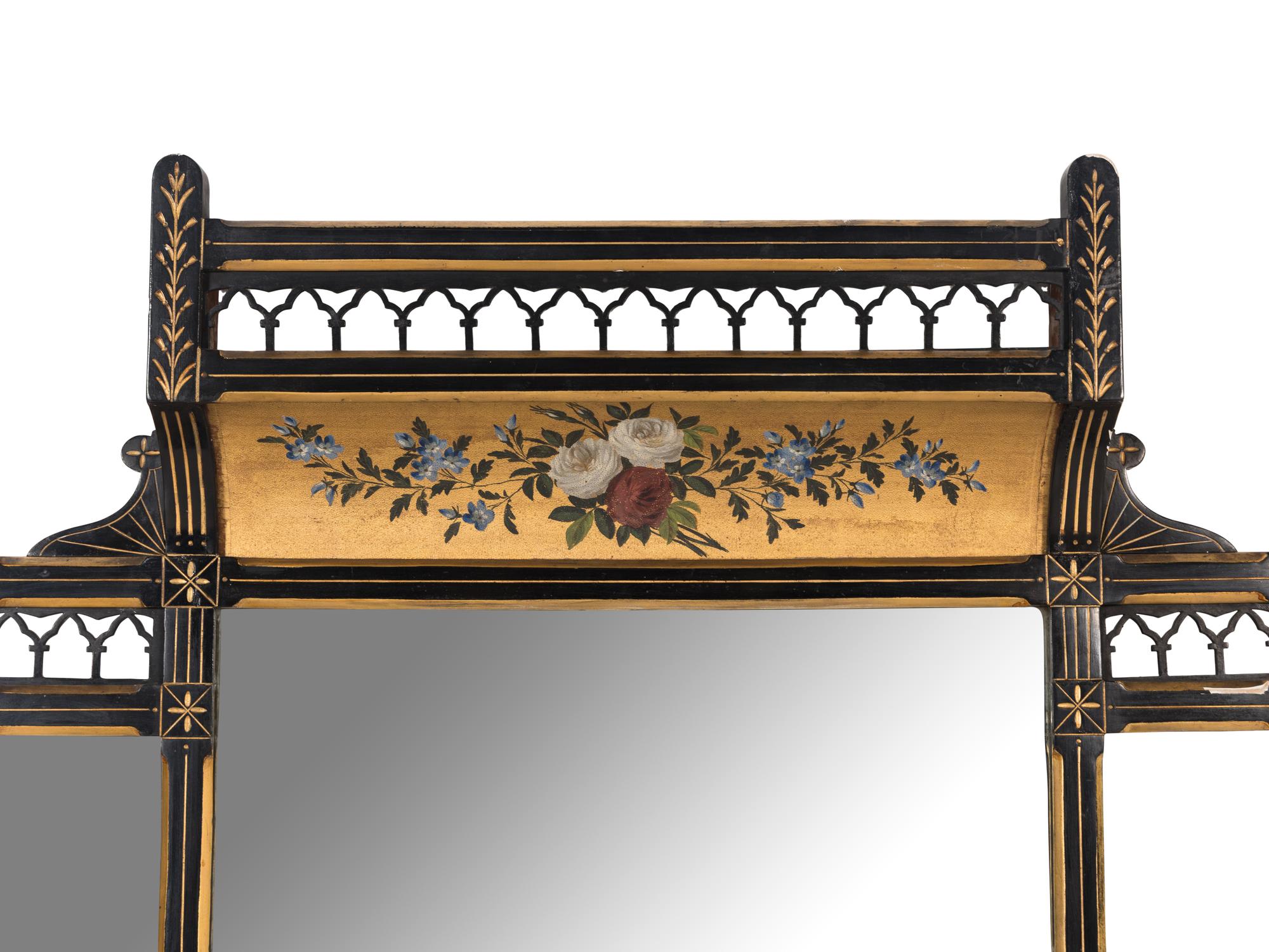 A Victorian Ebonized, Polychrome Painted and Parcel Gilt Overmantel Mirror