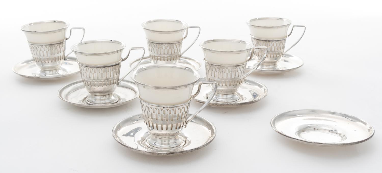 A Set of Six American Silver Demitasse Cups Diameter of saucer 3 1/2 inches.