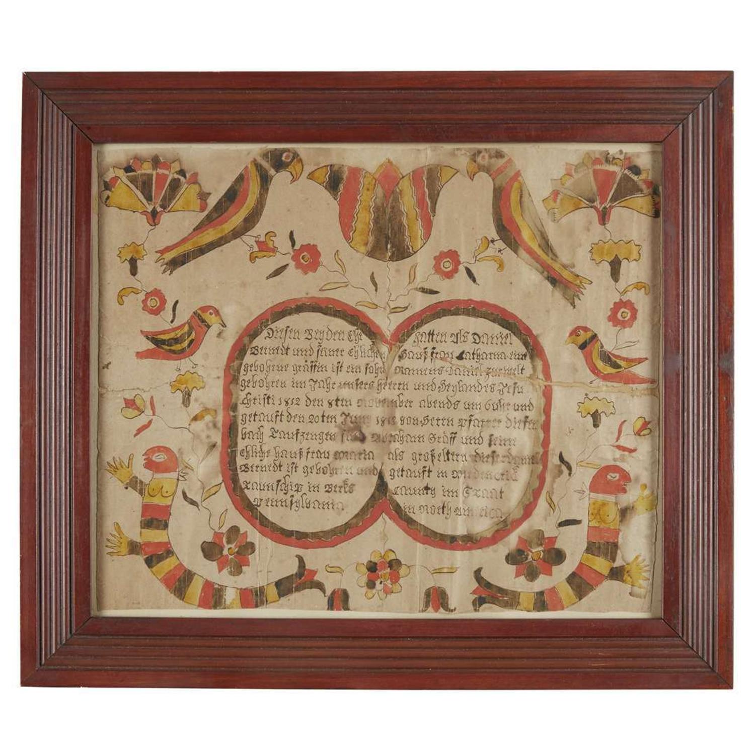 Fraktur: birth record Attributed to the I.T.W. Artist, Berks County, PA, dated 1812