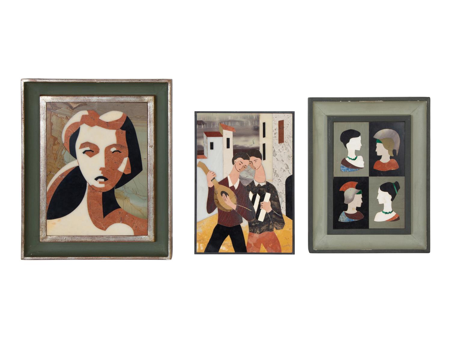 Three Italian Modernist Pietra Dura Pictorial Plaques