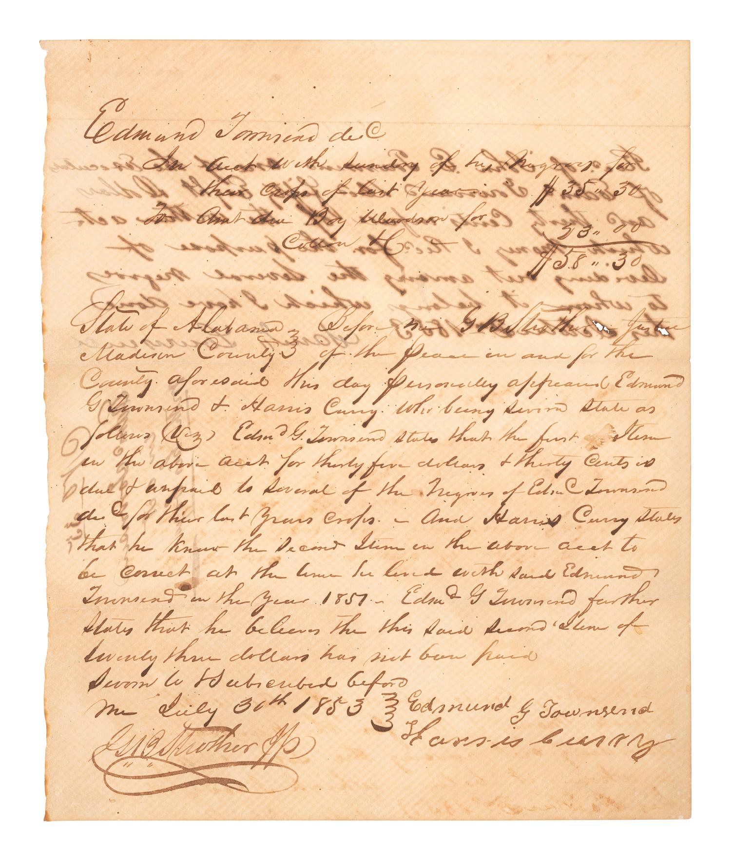 [ENSLAVEMENT & ABOLITION]. Legal document detailing funds to be divided among the enslaved persons of the deceased enslaver, Edmund C. Townsend of Madison County, AL. 30 July 1853.