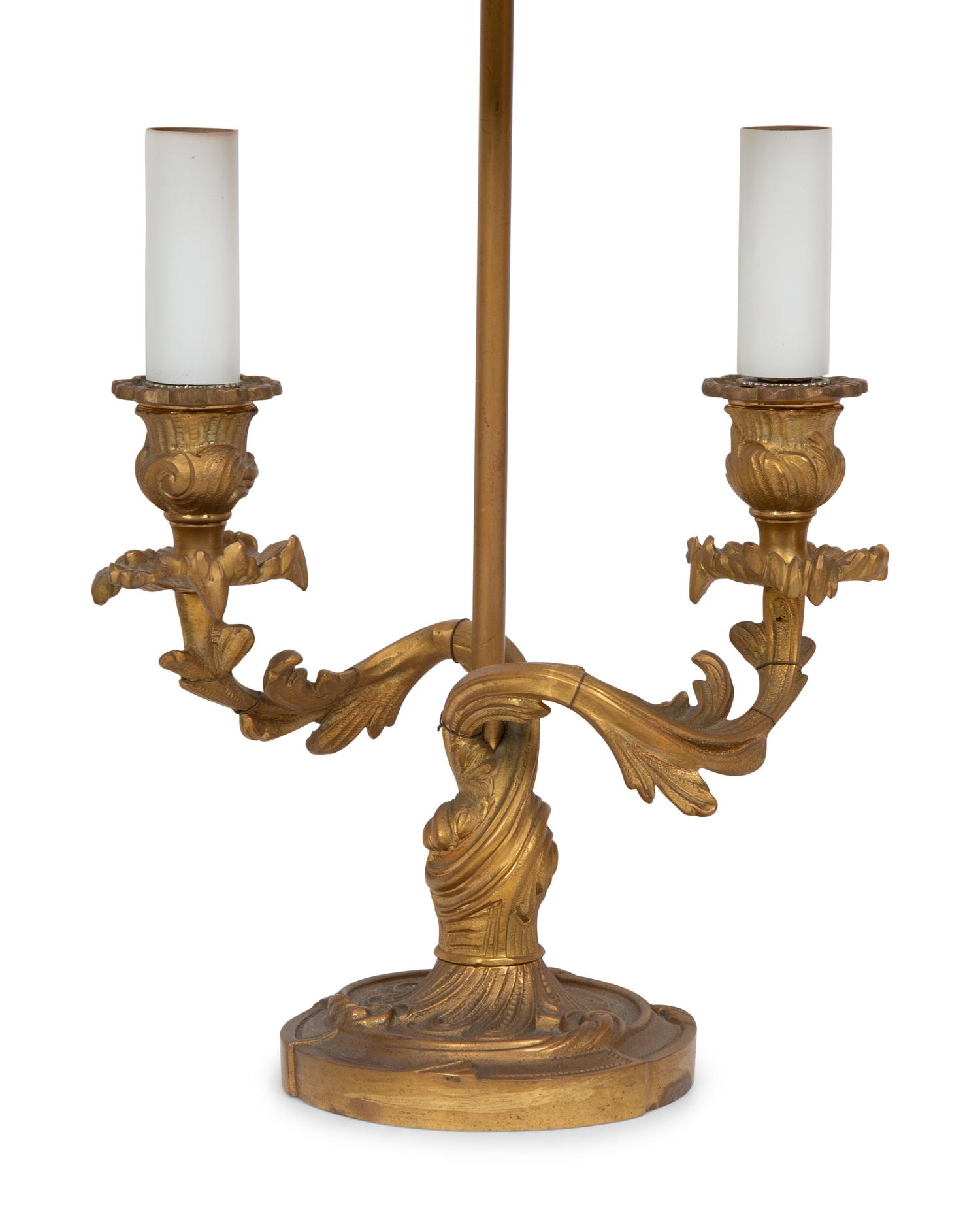 A Pair of Gilt Bronze Bouillotte Lamps with Green Tole Shades