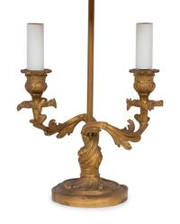 A Pair of Gilt Bronze Bouillotte Lamps with Green Tole Shades