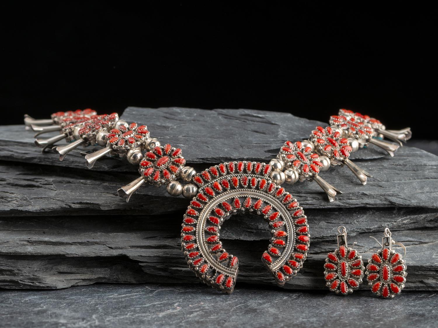 Navajo or Zuni Reversible Turquoise and Coral Squash Blossom Necklace and Earring Set