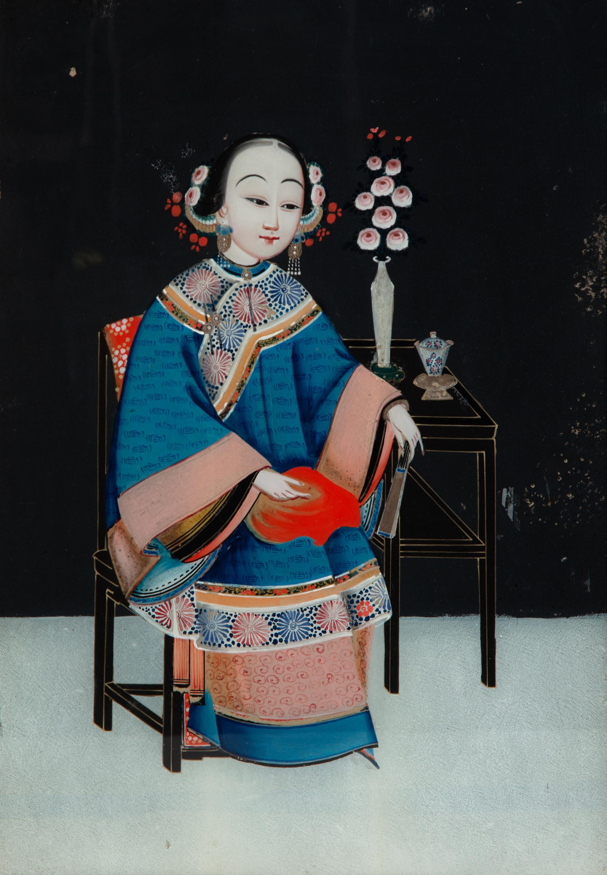 A Pair of Chinese Reverse Paintings on Glass of Young Woman — 19TH/20TH CENTURY