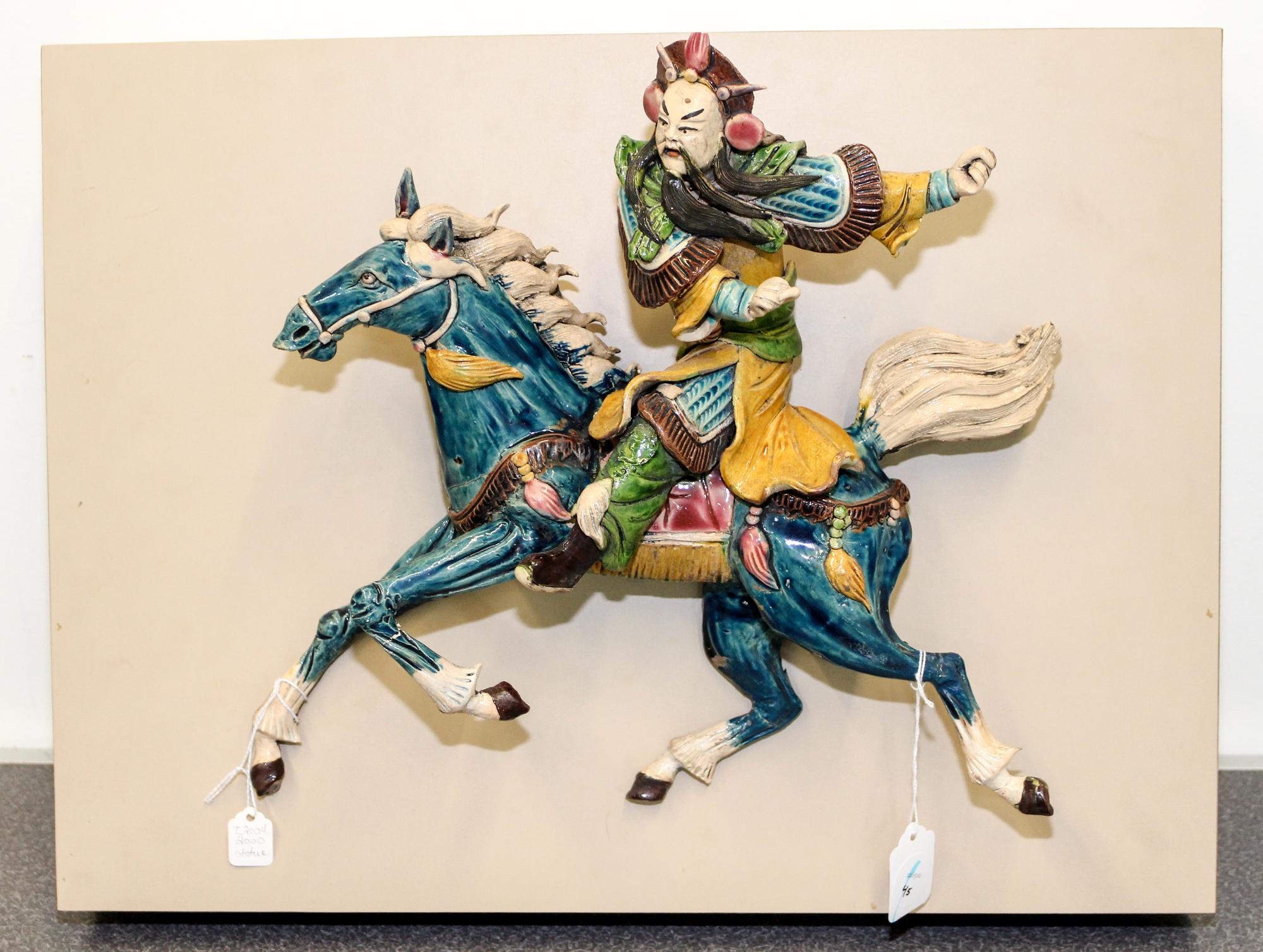 A Tang Style Polychrome Glazed Figural Group Width 13 1/2 inches.